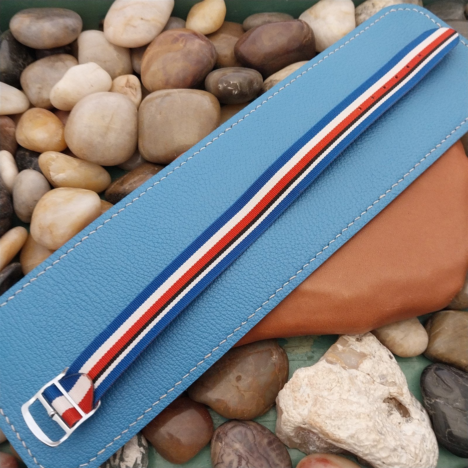 18mm Perlon Reversible Red White Blue Stripe nos 1960s Unused Vintage Watch Band