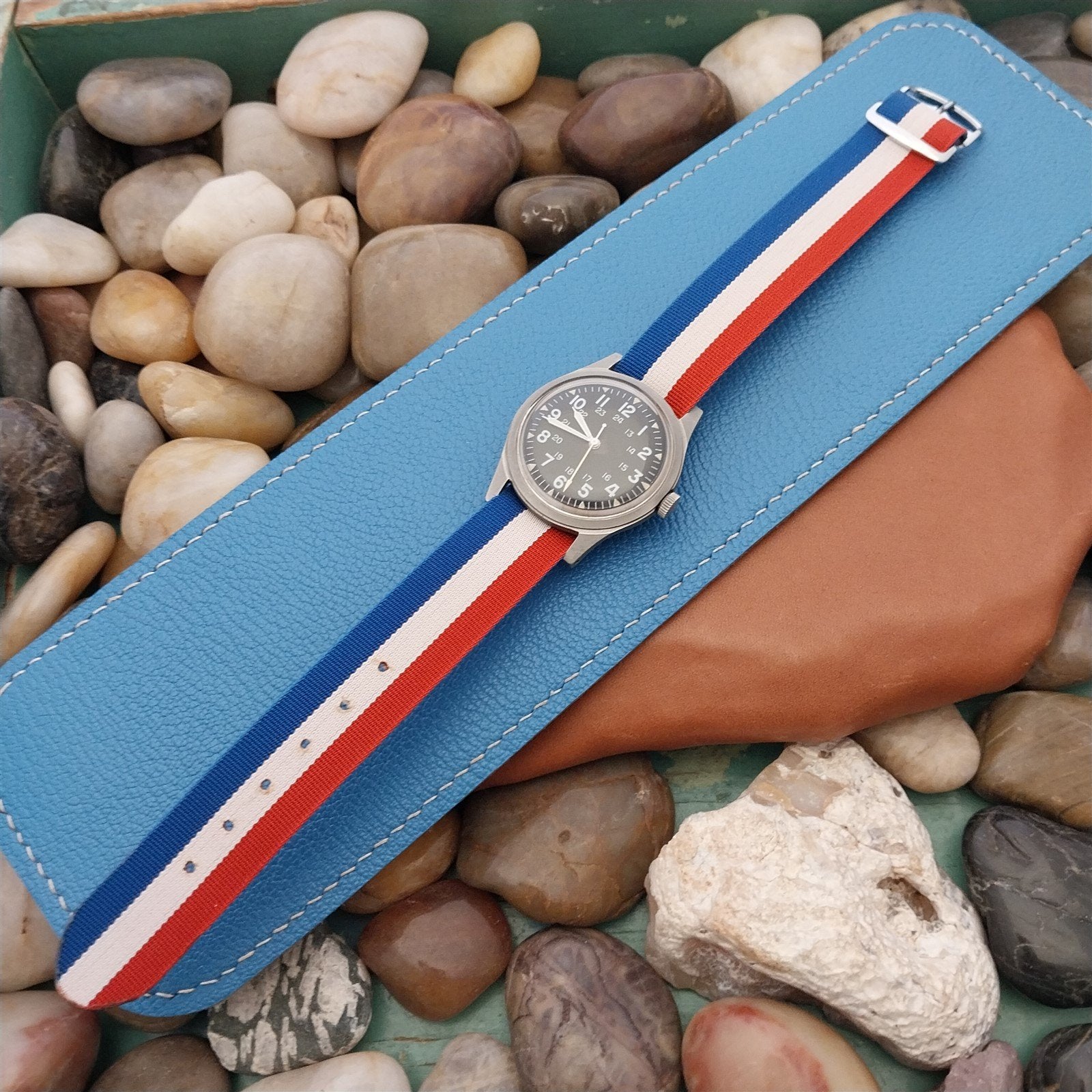 18mm Perlon Reversible Red White Blue Stripe nos 1960s Unused Vintage Watch Band