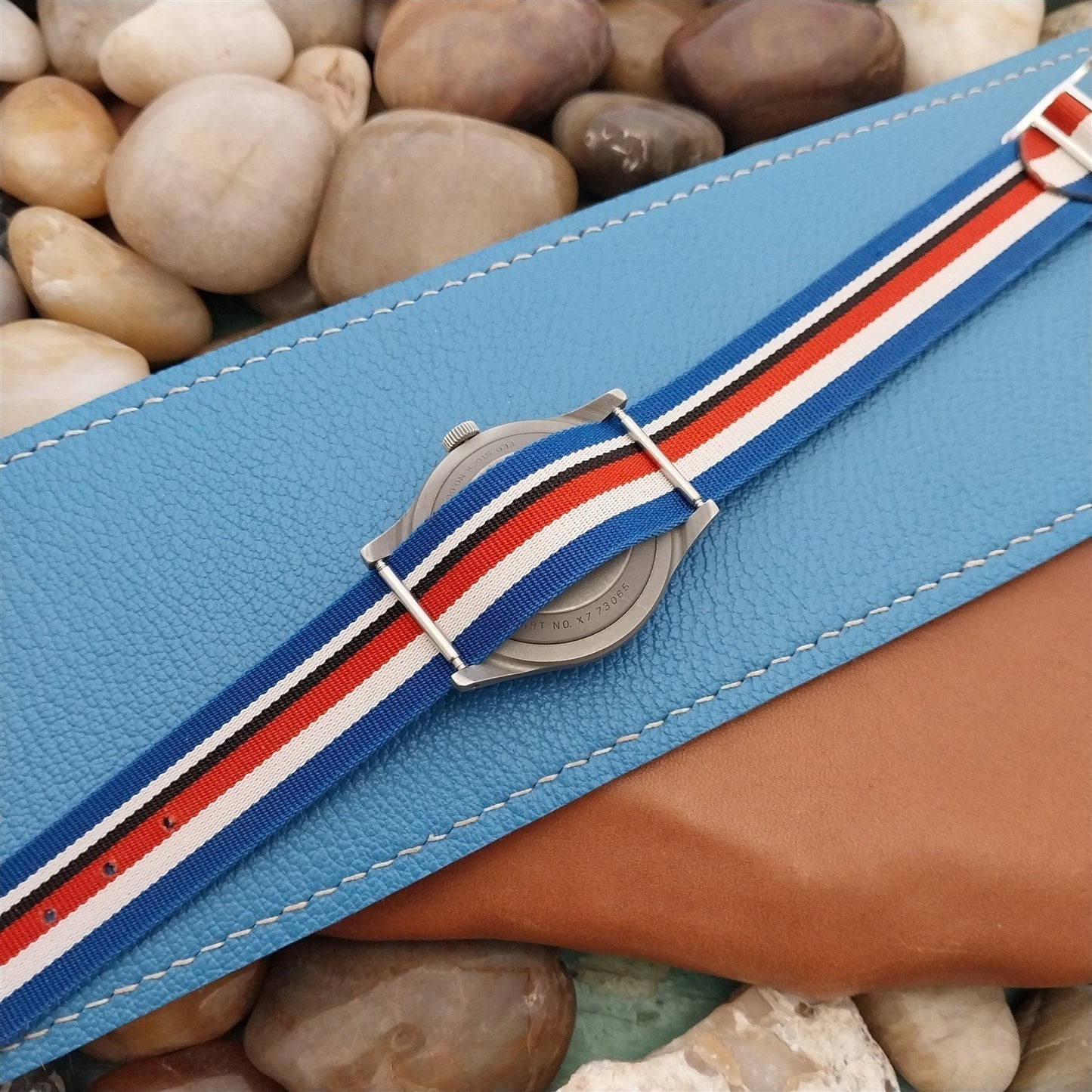 18mm Perlon Reversible Red White Blue Stripe nos 1960s Unused Vintage Watch Band