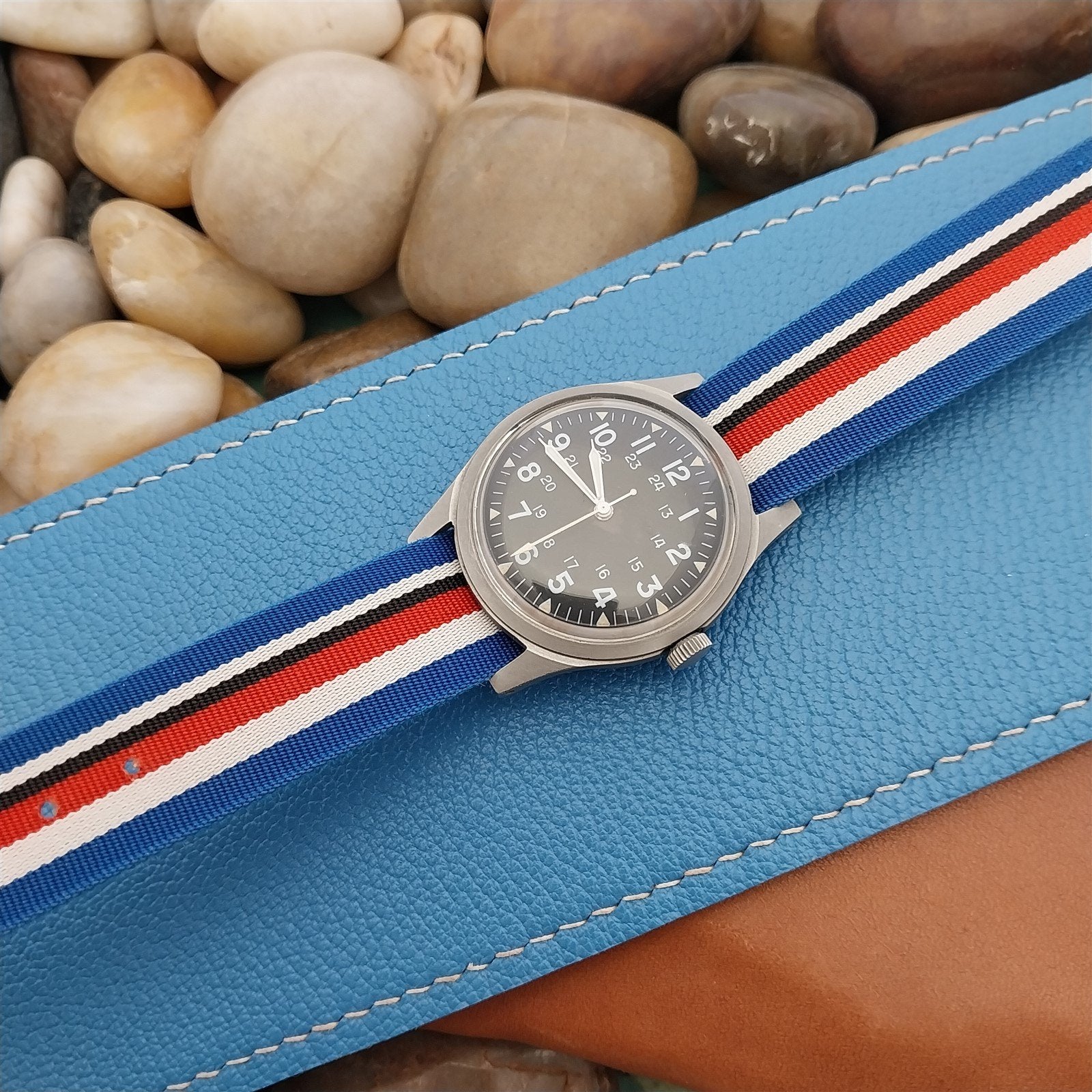 18mm Perlon Reversible Red White Blue Stripe nos 1960s Unused Vintage Watch Band