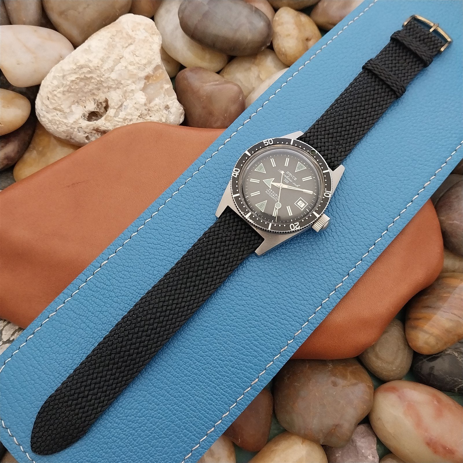 18mm Perlon 2-piece 1970s Unused Vintage Dive Watch Band Black & Brass Buckle