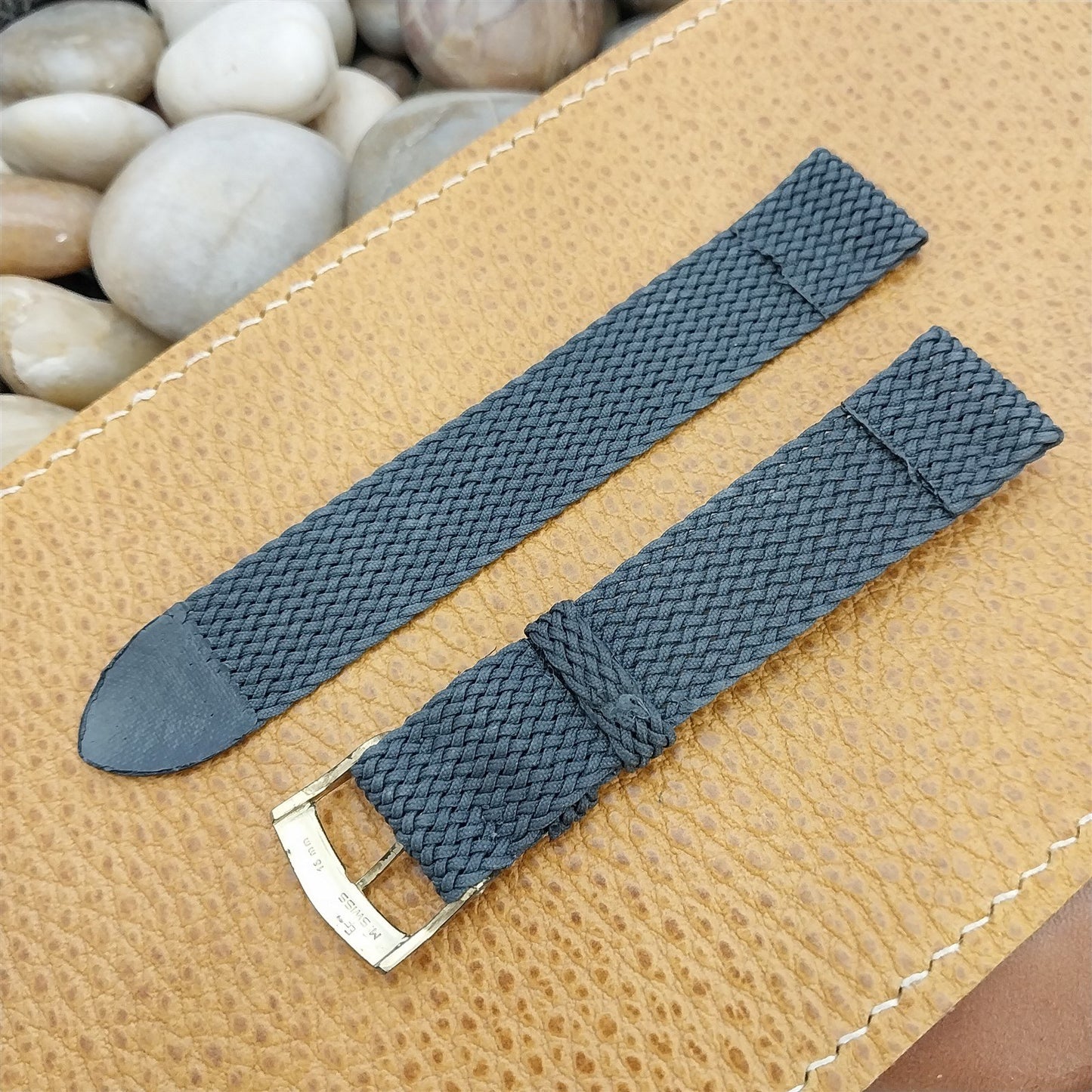 16mm Perlon Mesh 2-piece 1960s NOS Vintage Dive Watch Band Gray & Brass Buckle