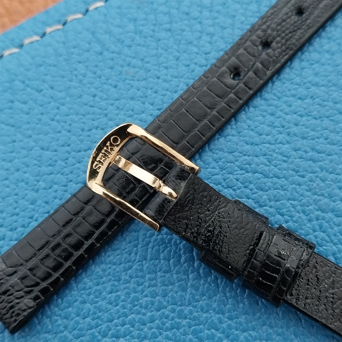 Vintage 9mm Seiko Black Lizard & Gold-Tone Logo Buckle NOS Watch Strap