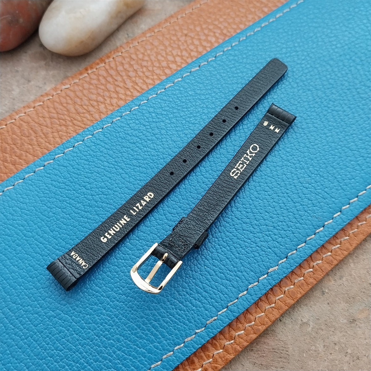 Vintage 9mm Seiko Black Lizard & Gold-Tone Logo Buckle NOS Watch Strap