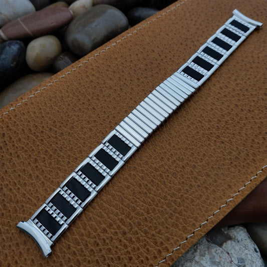 10K White Gold-Filled & Black Glass Long nos 1960 Vintage Watch Band