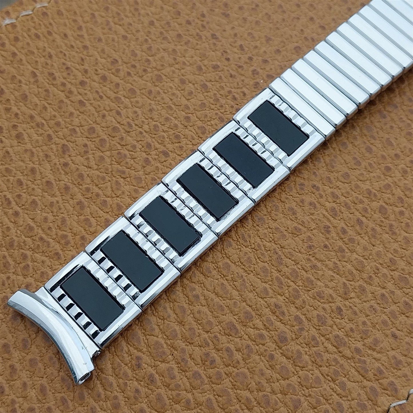 10K White Gold-Filled & Black Glass Long nos 1960 Vintage Watch Band