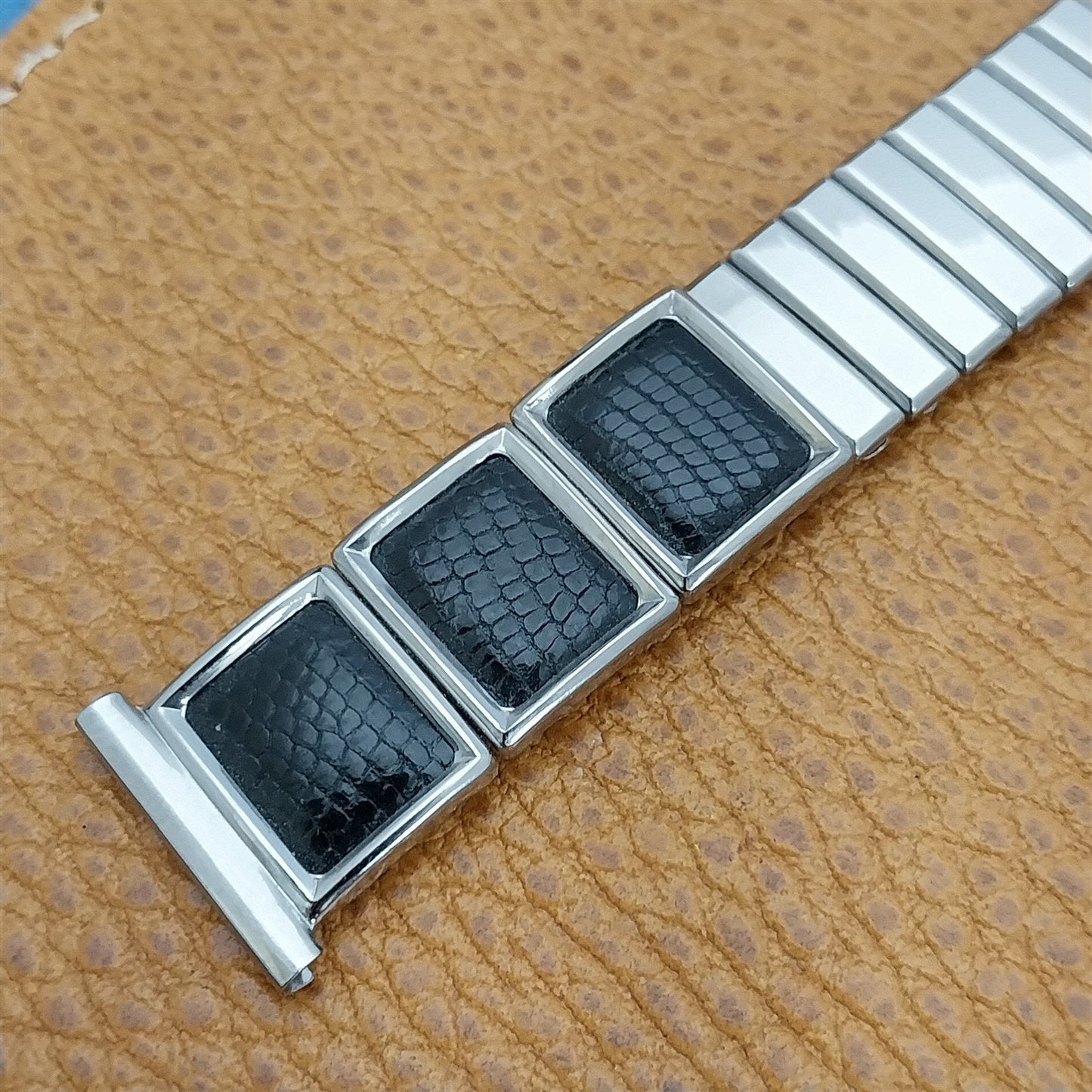 Foster 19mm 18mm 16mm Stainless & Black Lizard nos 1950s Vintage Watch Band