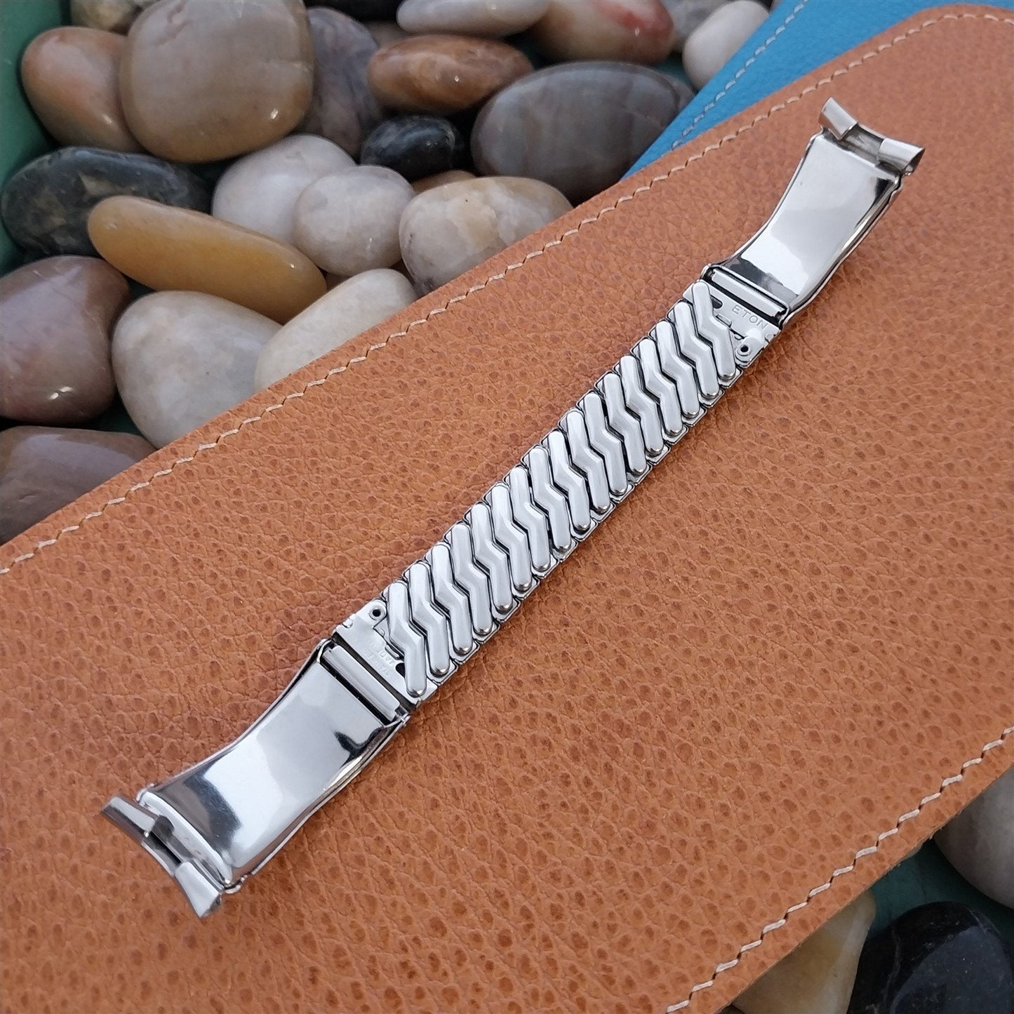 Stainless Steel & Gator Grain 17.2mm Eton USA nos 1950s Vintage Watch Band