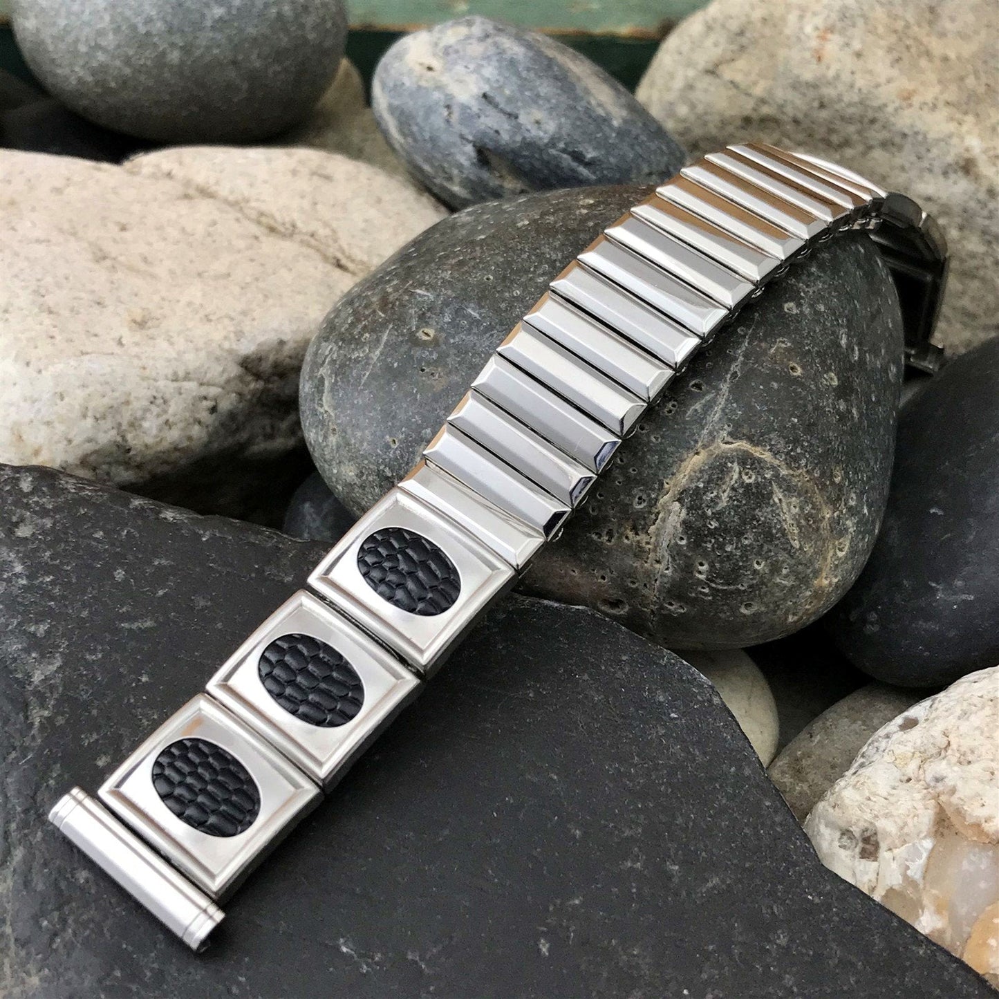 Stainless Steel & Black Lizard Grain Hadley USA Unused 1960s Vintage Watch Band