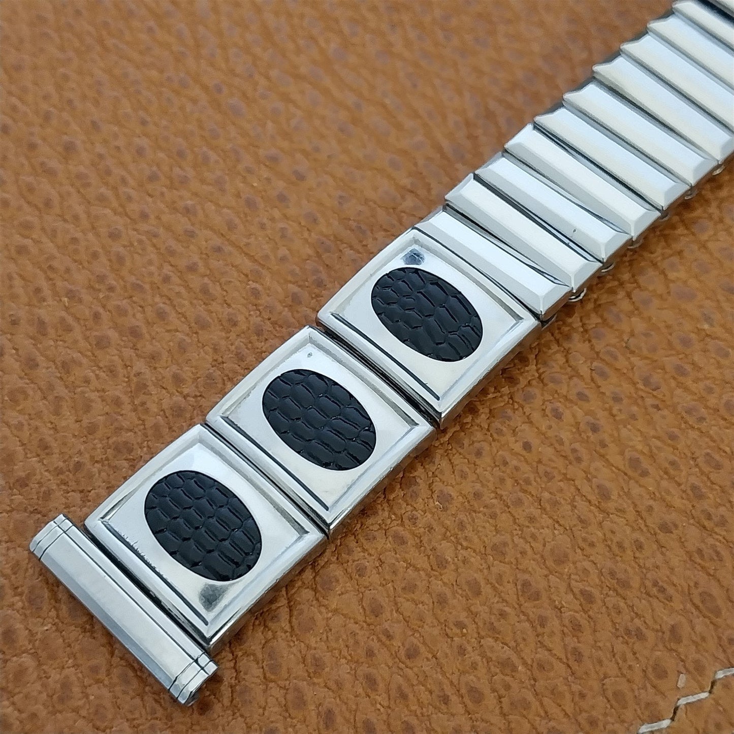 Stainless Steel & Black Lizard Grain Hadley USA Unused 1960s Vintage Watch Band