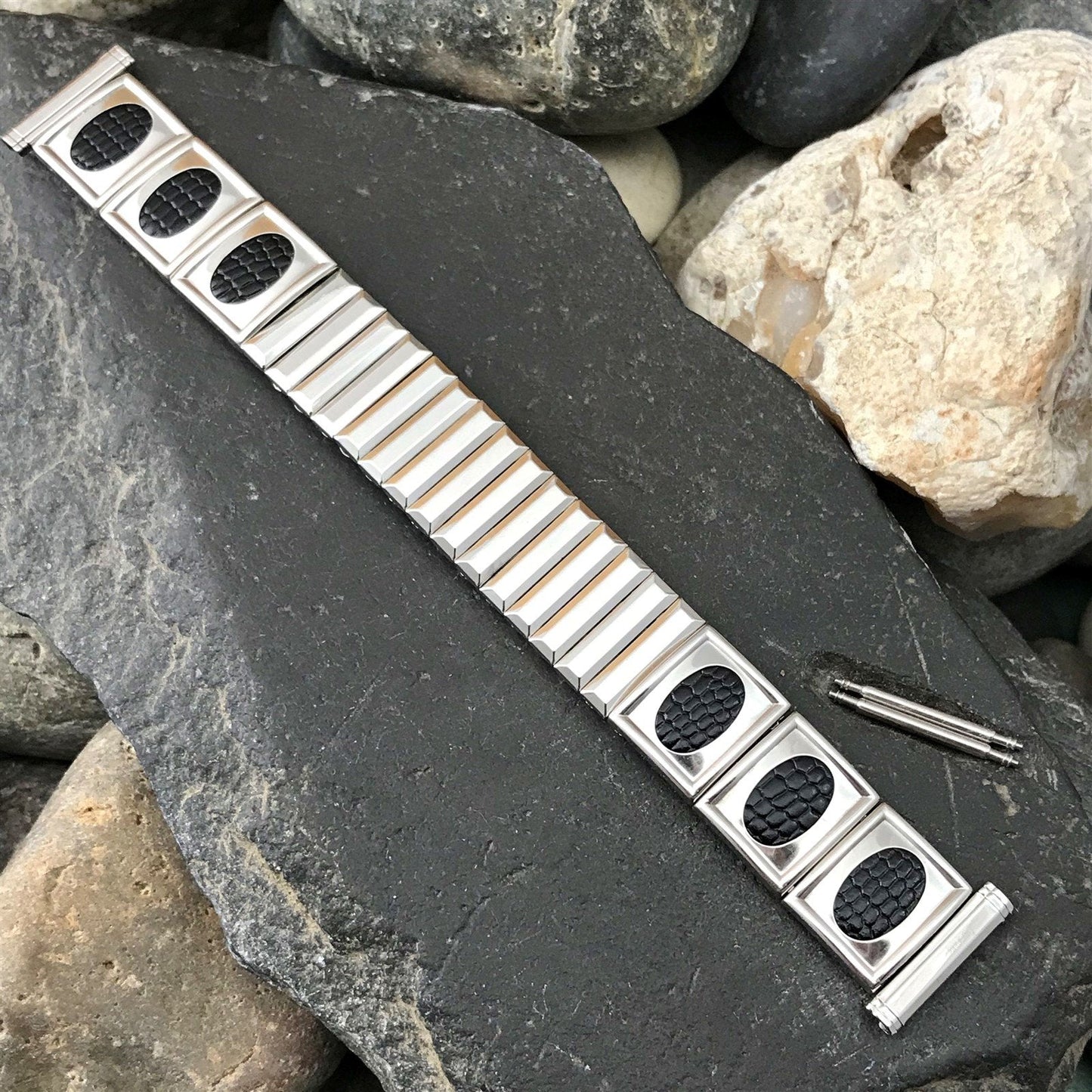 Stainless Steel & Black Lizard Grain Hadley USA Unused 1960s Vintage Watch Band