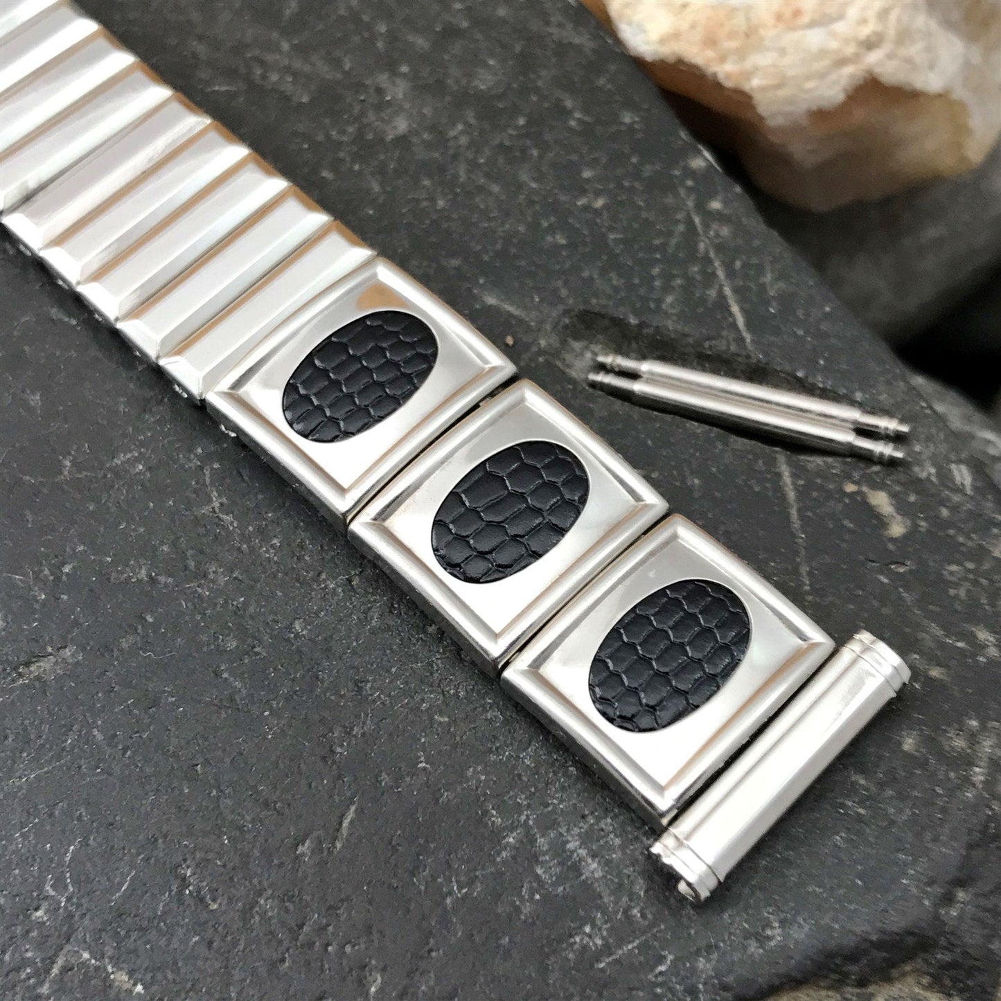 Stainless Steel & Black Lizard Grain Hadley USA Unused 1960s Vintage Watch Band