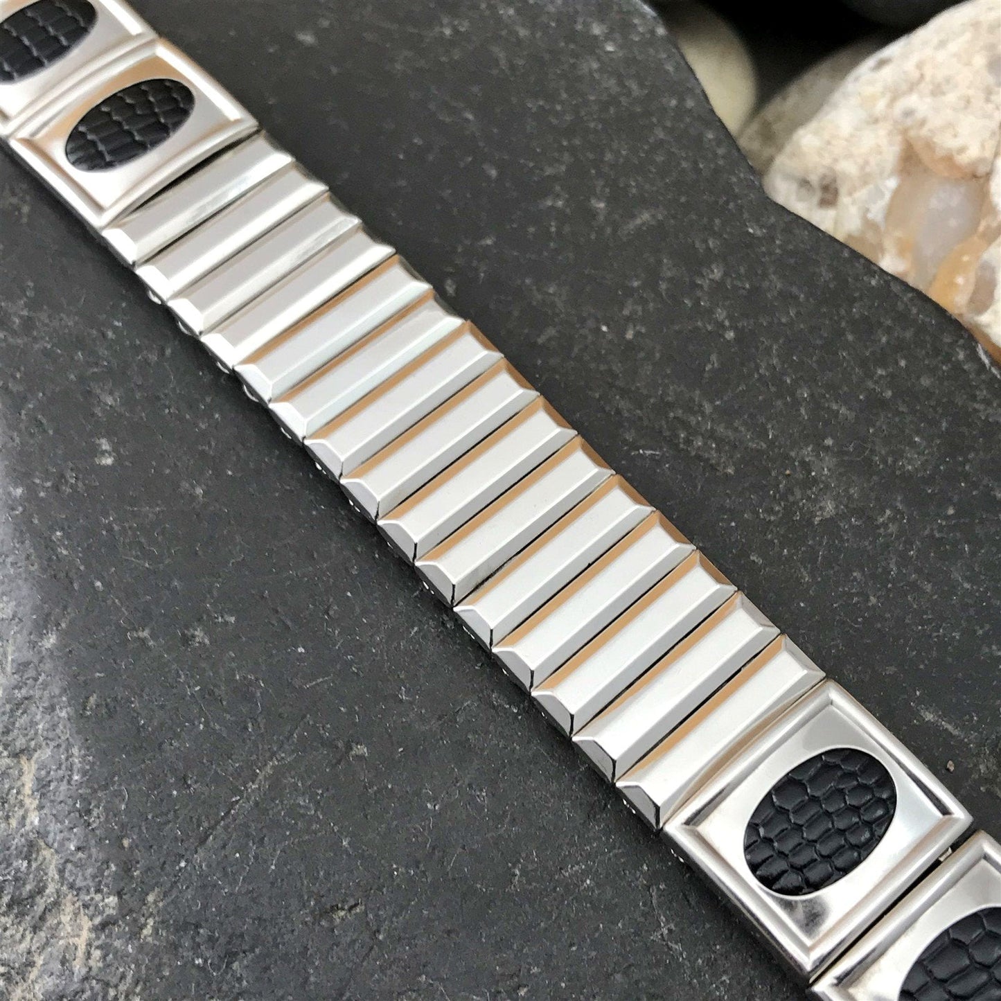 Stainless Steel & Black Lizard Grain Hadley USA Unused 1960s Vintage Watch Band