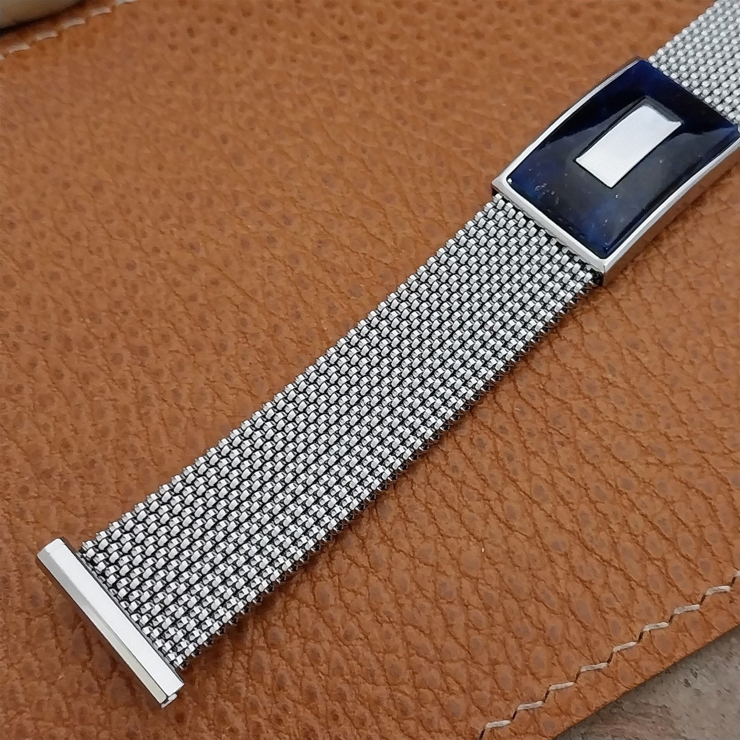 19mm 18mm 16mm Evinger Stainless Stretch Mesh & Blue Glass Vintage Watch Band