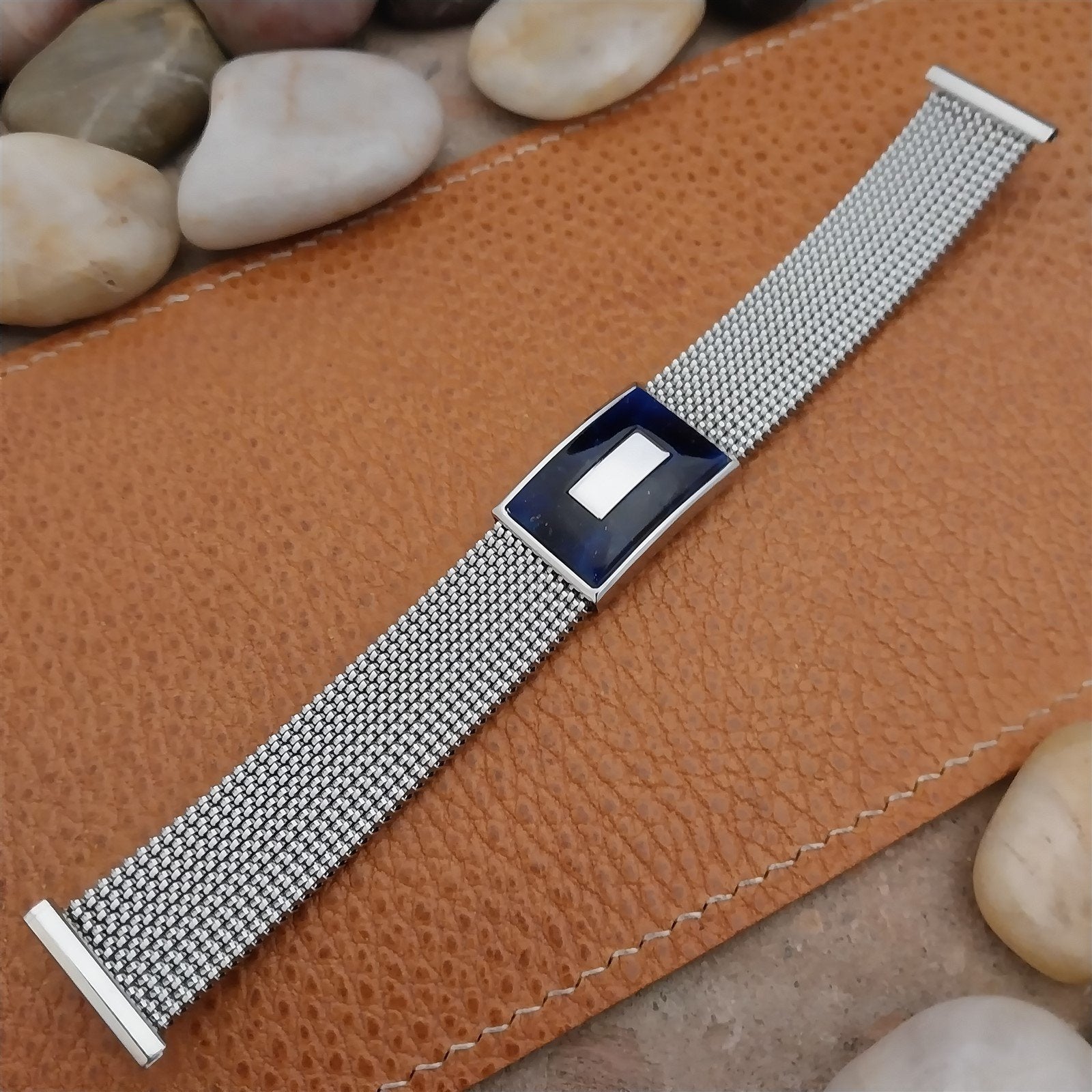 19mm 18mm 16mm Evinger Stainless Stretch Mesh & Blue Glass Vintage Watch Band