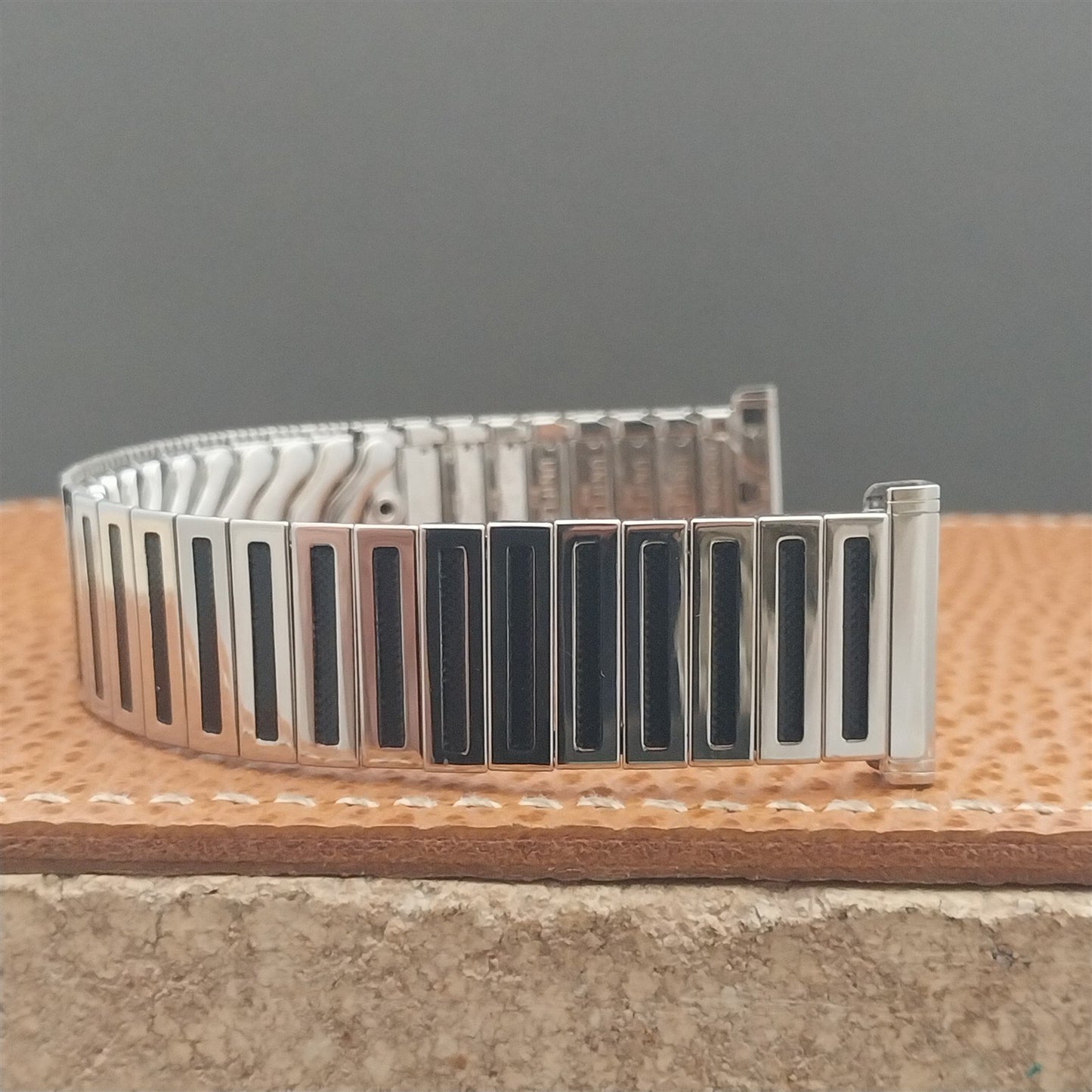 Uniflex Slim Stainless Steel Expansion & Black Enamel 1960s Vintage Watch Band