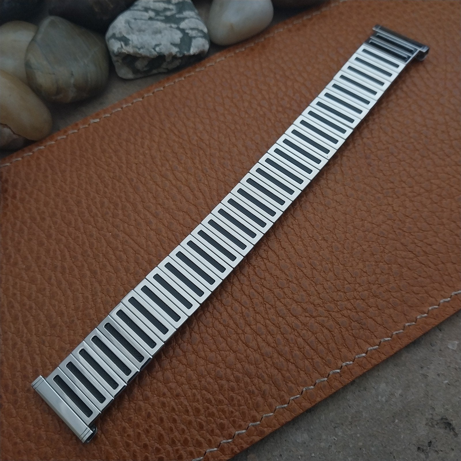 Uniflex Slim Stainless Steel Expansion & Black Enamel 1960s Vintage Watch Band