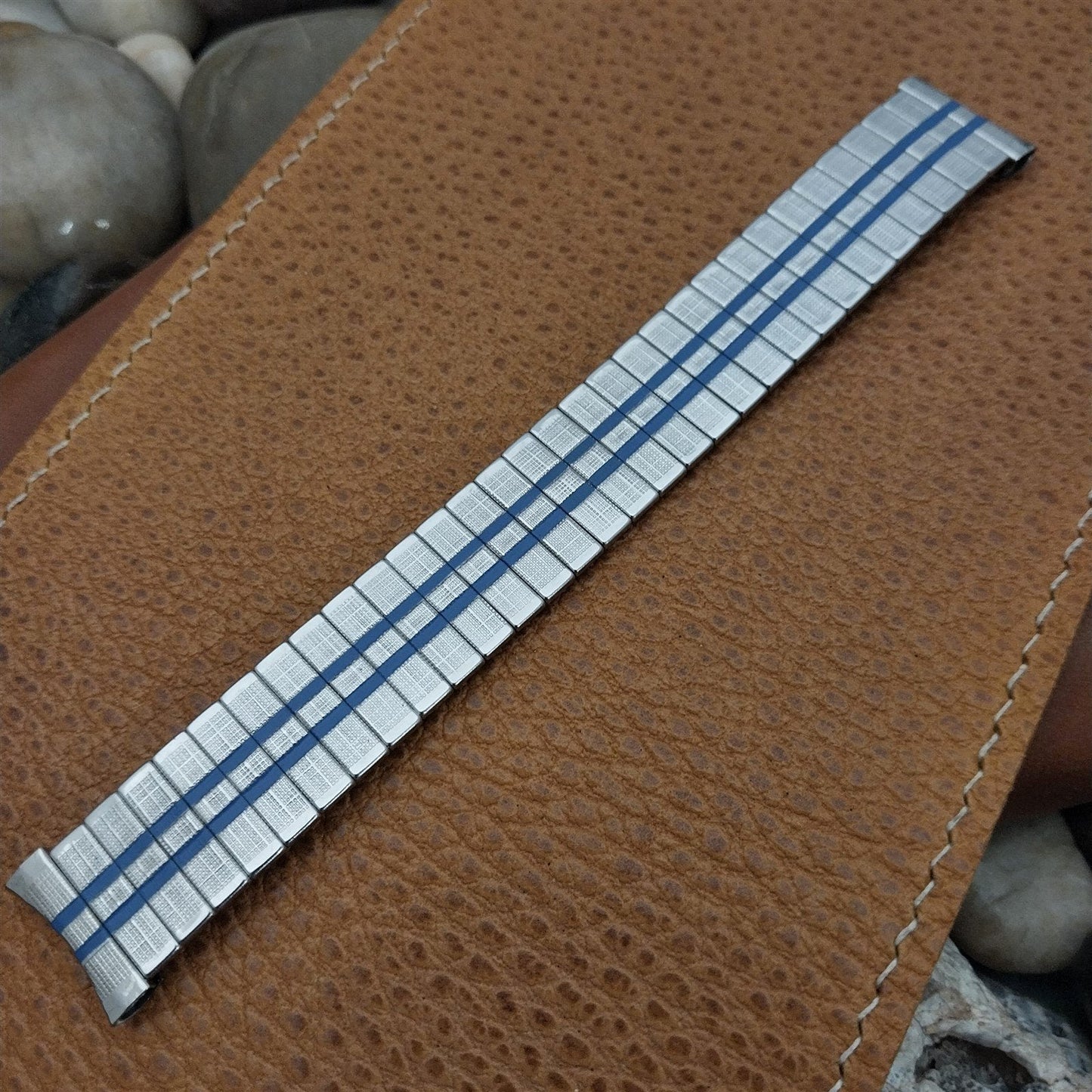 17.2mm Uniflex Stainless Steel & Blue Stripe nos 1960s Vintage Watch Band