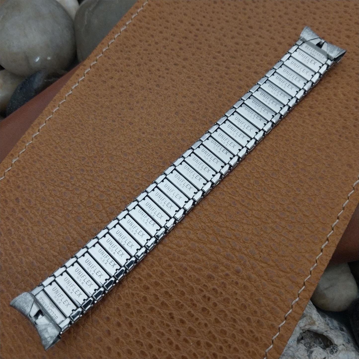 17.2mm Uniflex Stainless Steel & Blue Stripe nos 1960s Vintage Watch Band