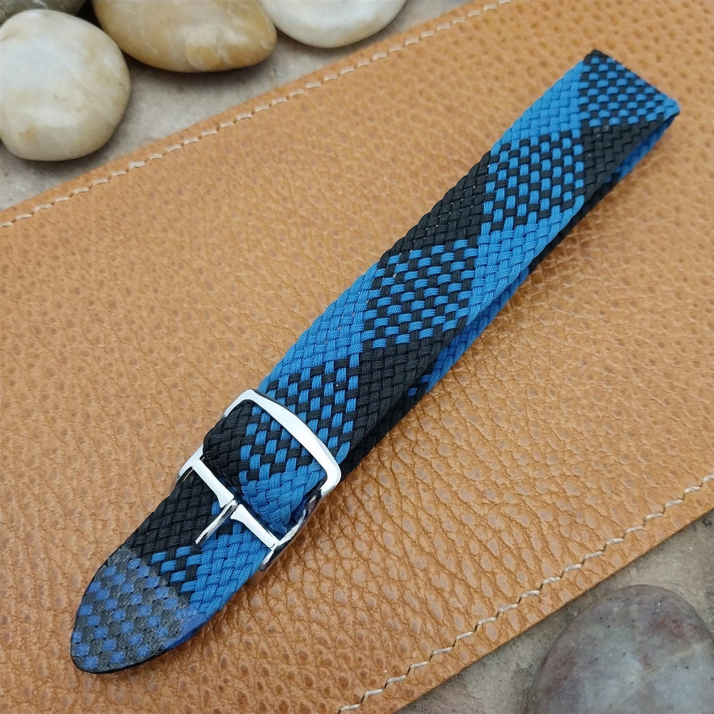 18mm Braided Perlon Black & Blue Classic Single Pass 1960s Vintage Watch Band