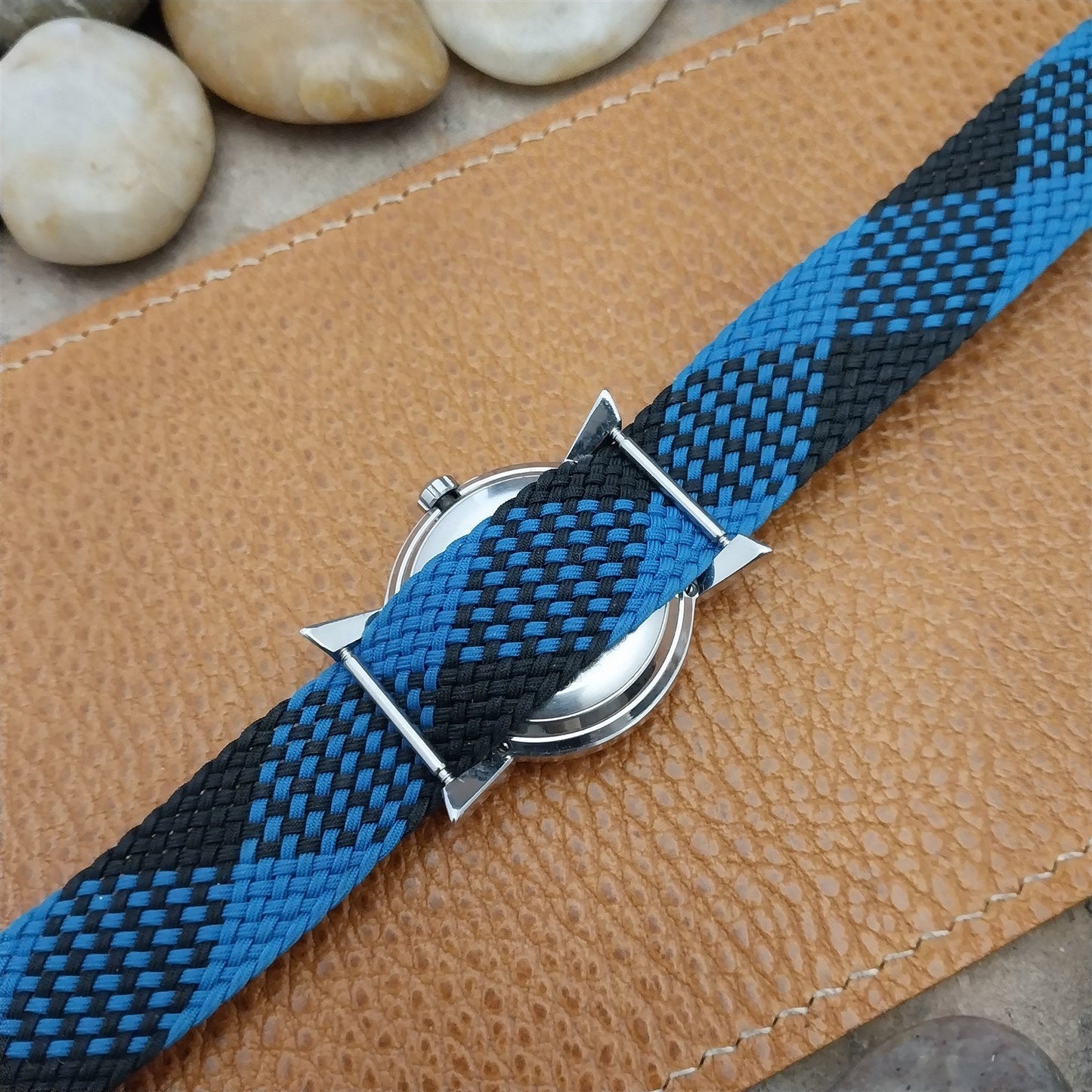 18mm Braided Perlon Black & Blue Classic Single Pass 1960s Vintage Watch Band