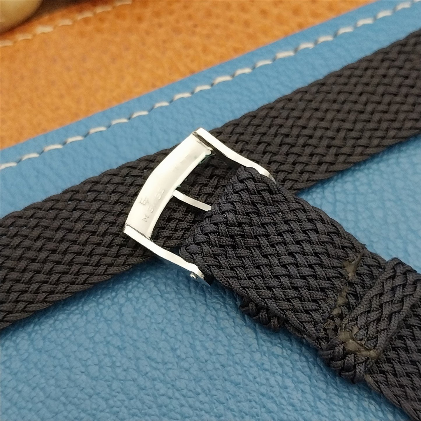 16mm Blue Braided Perlon Vintage 2-Piece Swiss Unused nos 1960s Field Watch Band