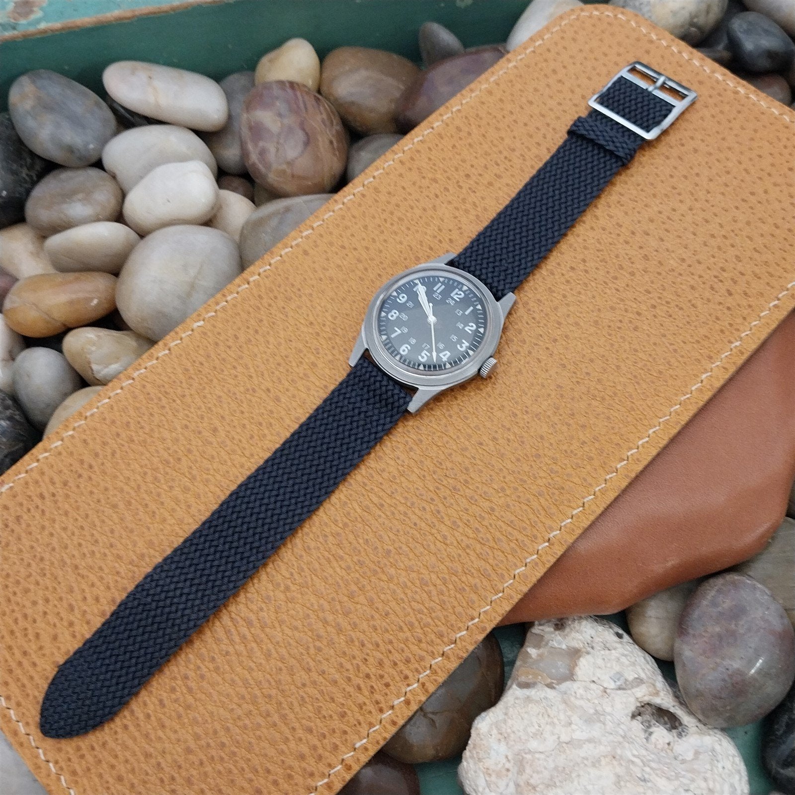 Perlon Mesh 2-piece Blue 18mm 1960s nos Vintage Watch Band & silver buckle