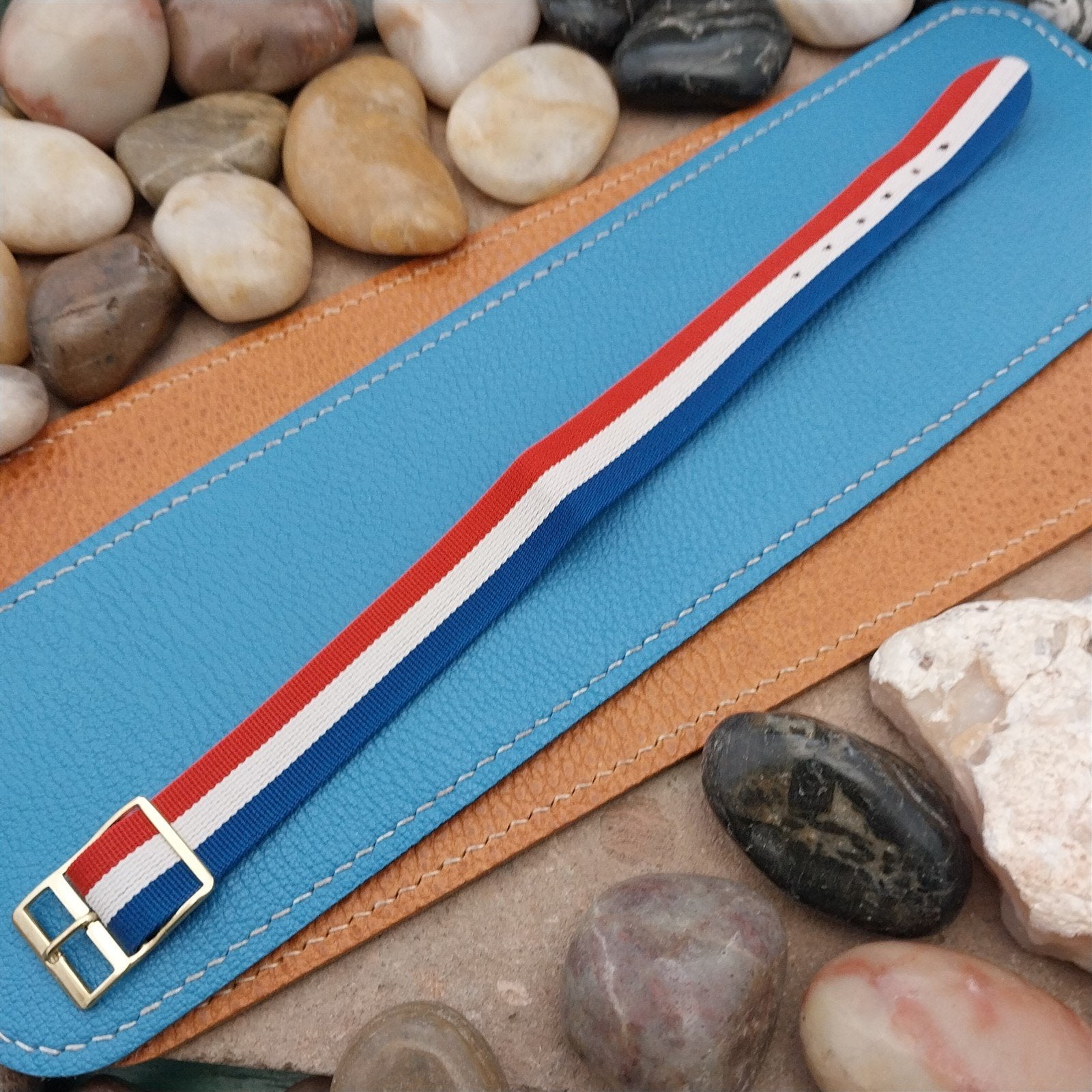 Vintage Perlon Reversible 16mm Red White Blue Classic Single Pass nos Watch Band