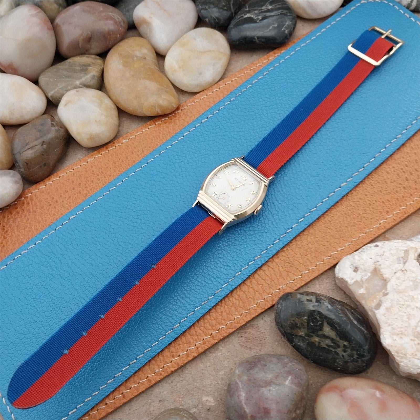 Vintage 16mm Perlon 1960s Reversible Red Black Blue Single Pass NOS Watch Band