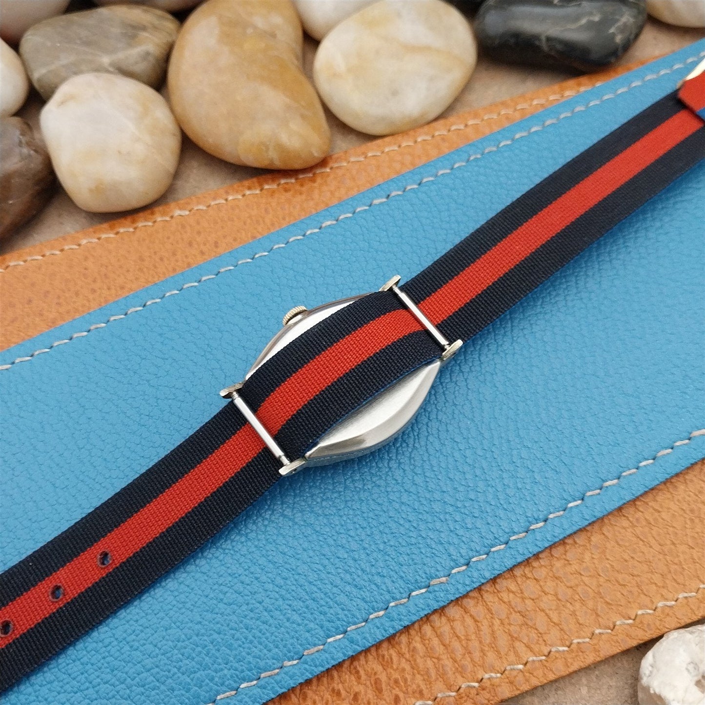 Vintage 16mm Perlon 1960s Reversible Red Black Blue Single Pass NOS Watch Band