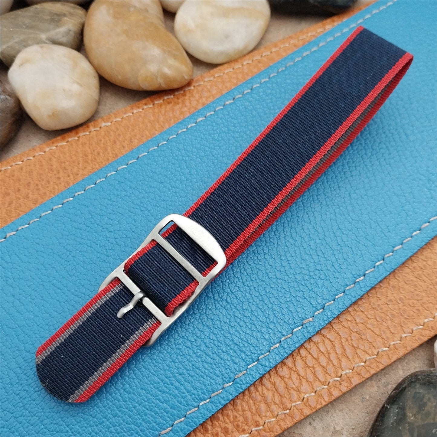 Perlon 18mm 60s Reversible Blue Red Gray Single Pass Unused Vintage Watch Band