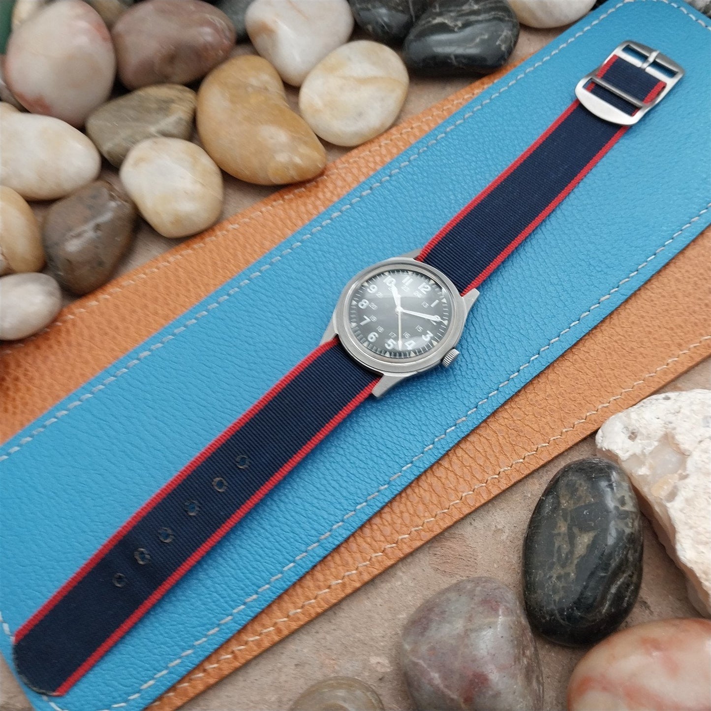 Perlon 18mm 60s Reversible Blue Red Gray Single Pass Unused Vintage Watch Band