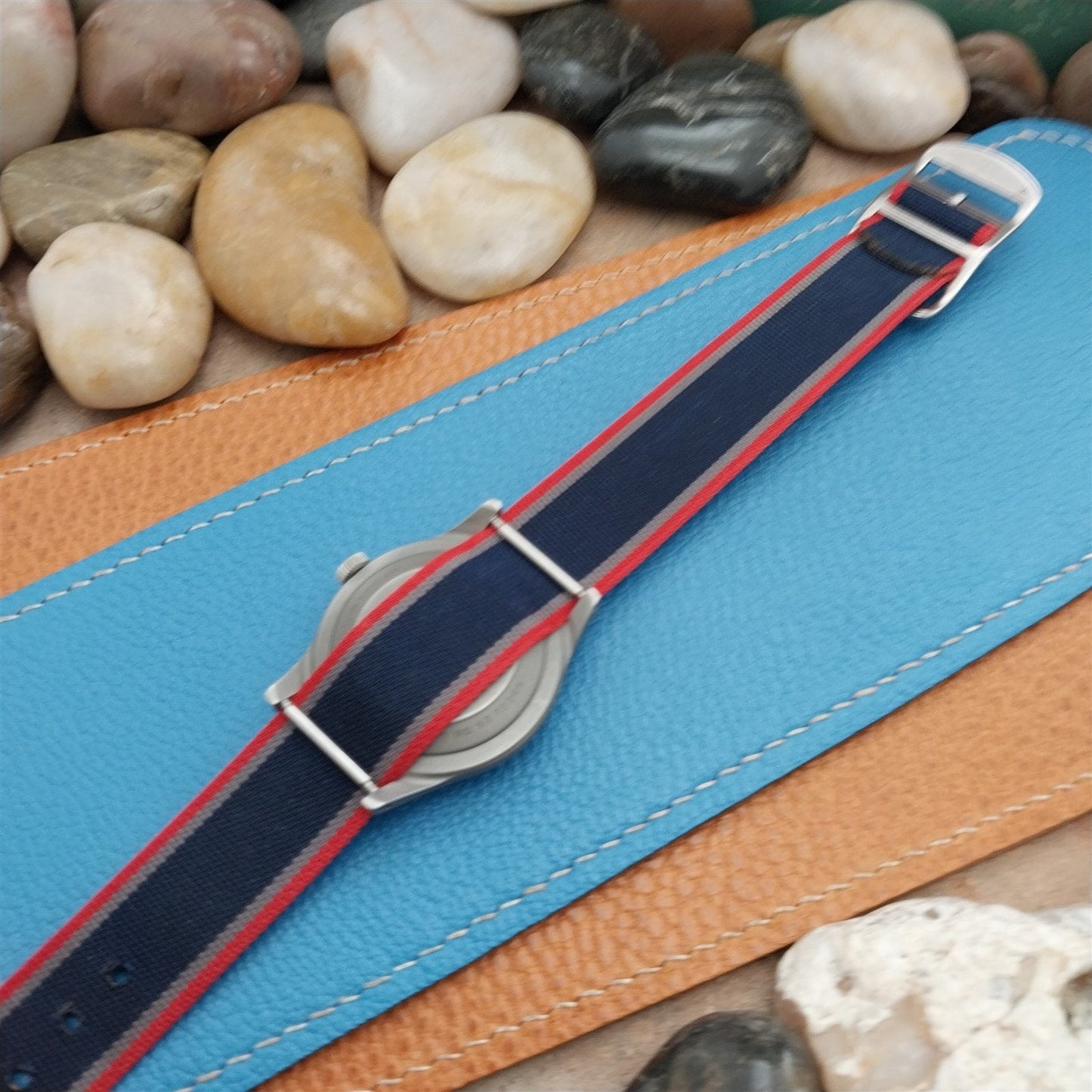 Perlon 18mm 60s Reversible Blue Red Gray Single Pass Unused Vintage Watch Band