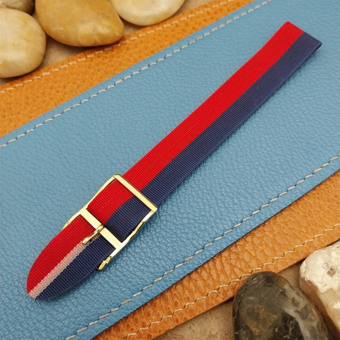 16mm 1960s Vintage Reversible Single Pass Red White Blue Perlon nos Watch Band