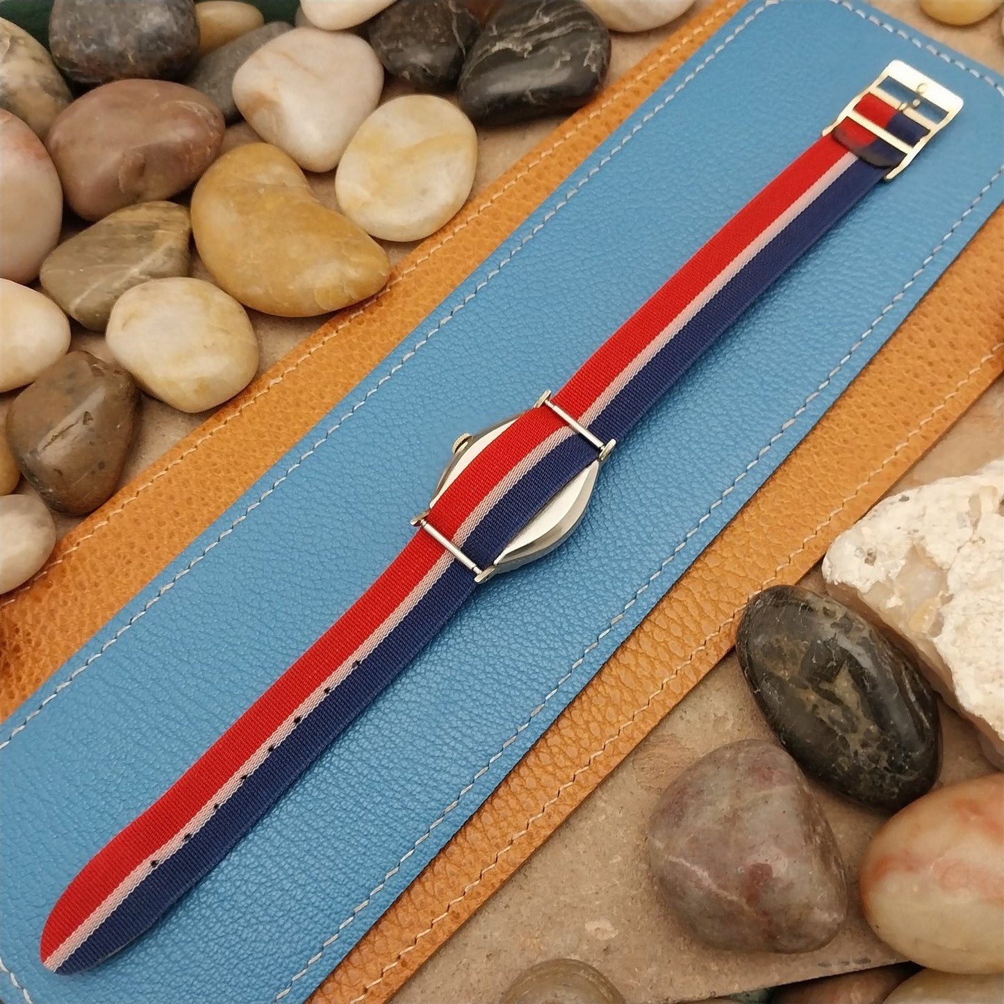 16mm 1960s Vintage Reversible Single Pass Red White Blue Perlon nos Watch Band