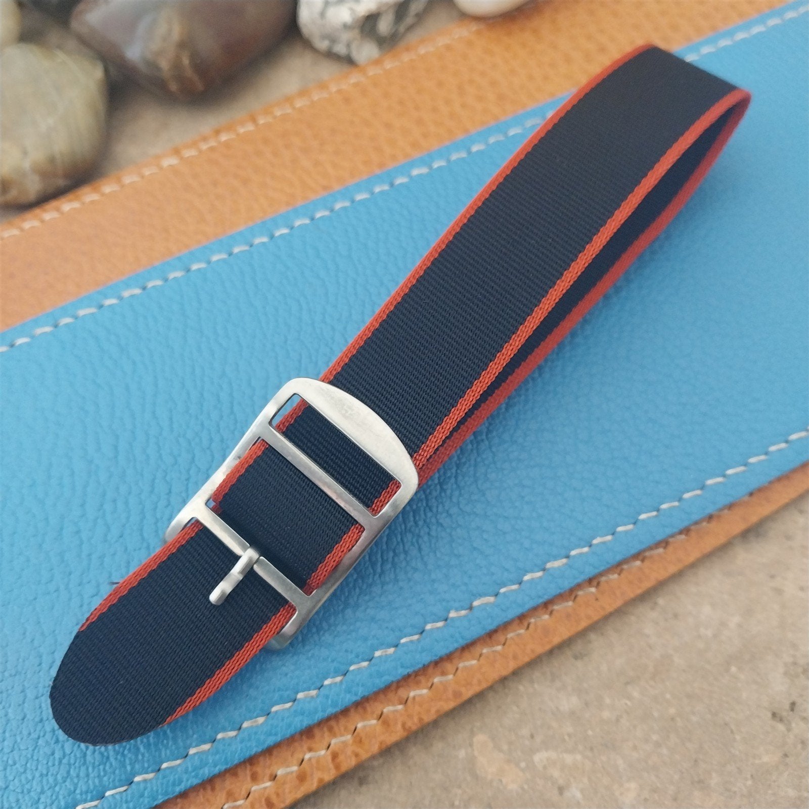 Vintage 18mm Union Blue & Red Perlon Classic 1960s Single Pass Field Watch Band