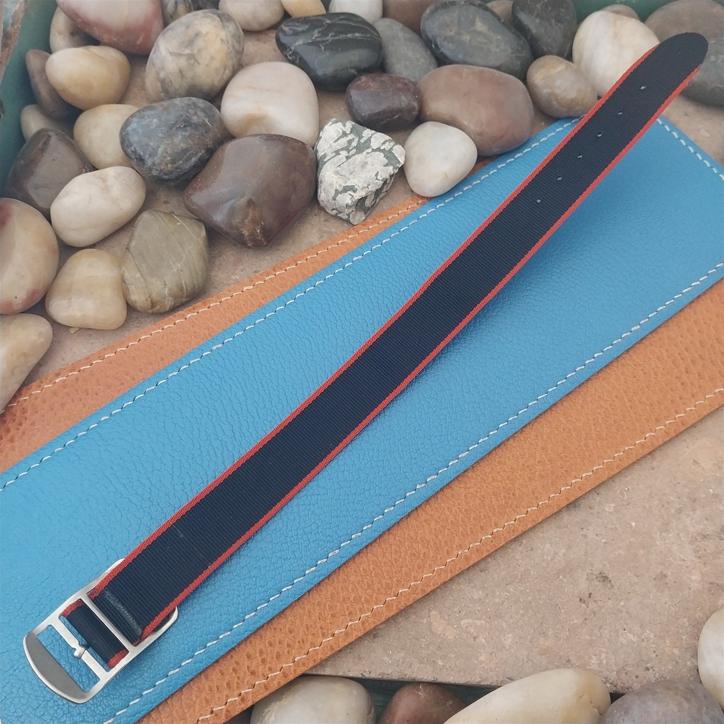Vintage 18mm Union Blue & Red Perlon Classic 1960s Single Pass Field Watch Band