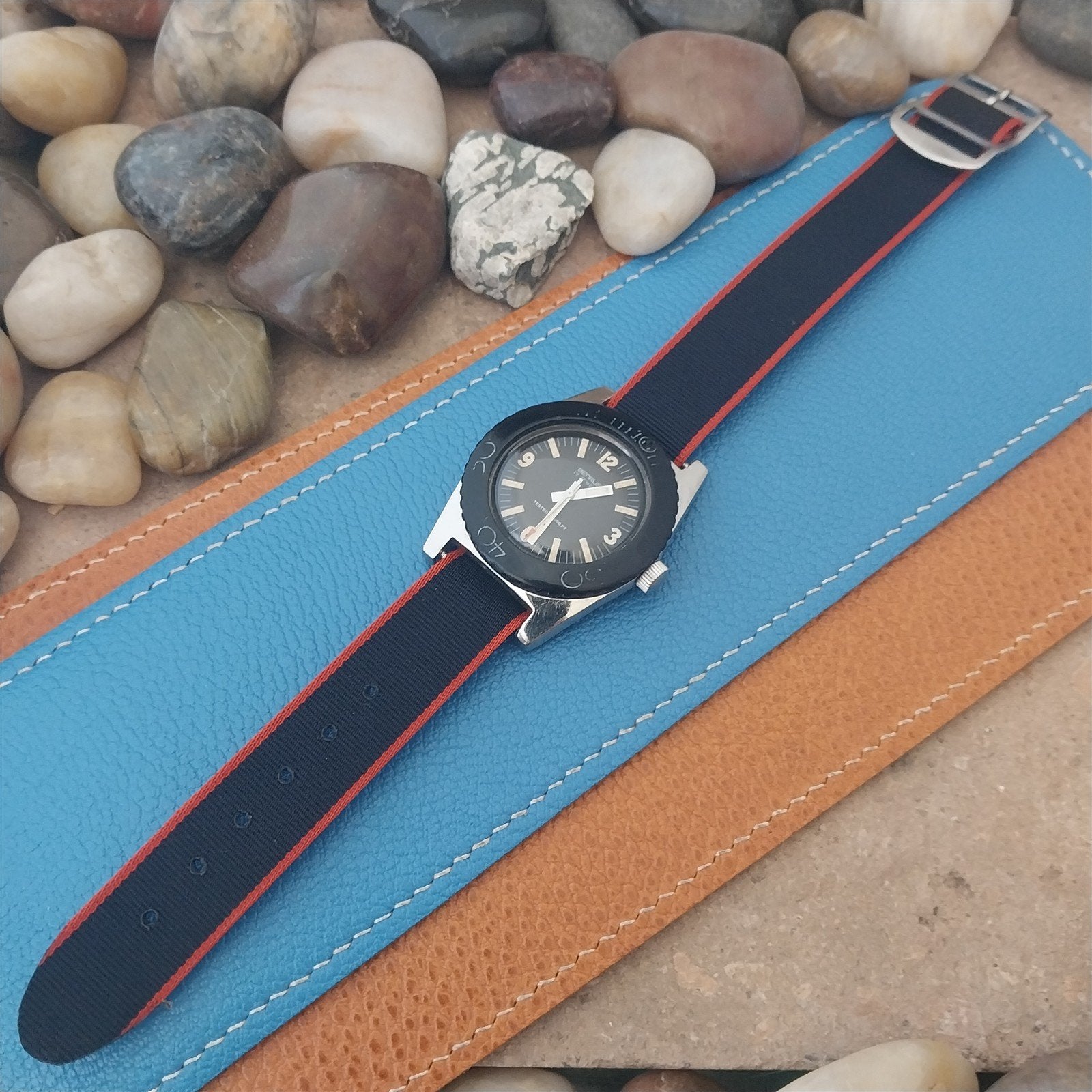 Vintage 18mm Union Blue & Red Perlon Classic 1960s Single Pass Field Watch Band