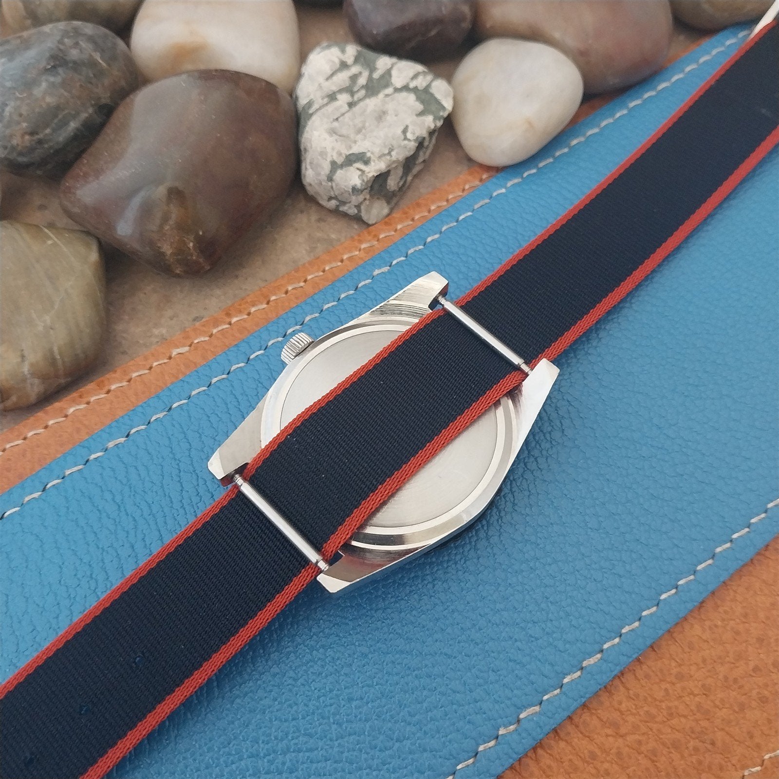 Vintage 18mm Union Blue & Red Perlon Classic 1960s Single Pass Field Watch Band