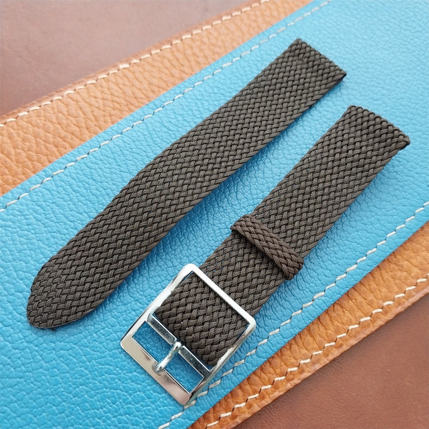 18mm Brown Perlon Mesh 2-piece Unused 1960s 1970s Vintage Field Watch Strap