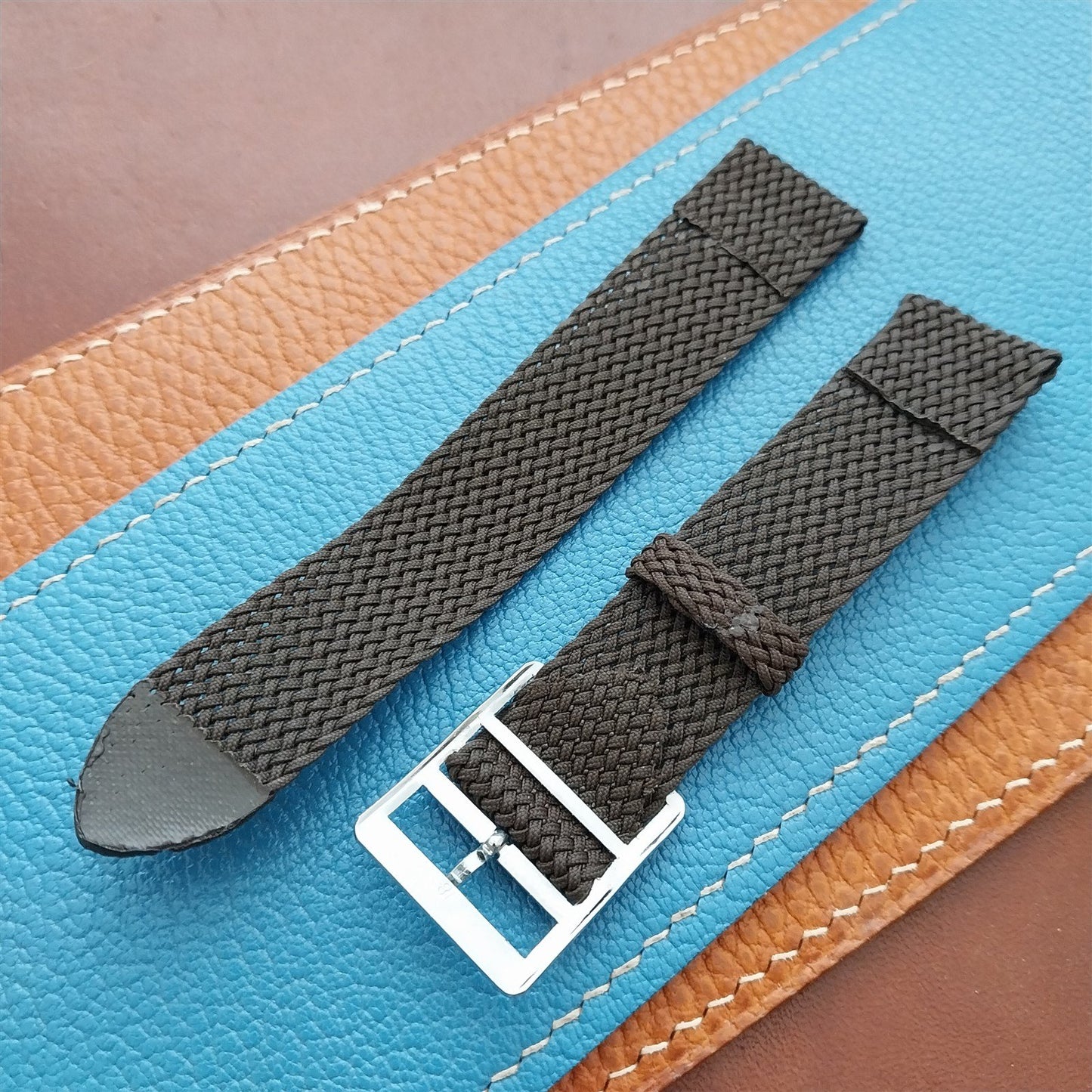 18mm Brown Perlon Mesh 2-piece Unused 1960s 1970s Vintage Field Watch Strap