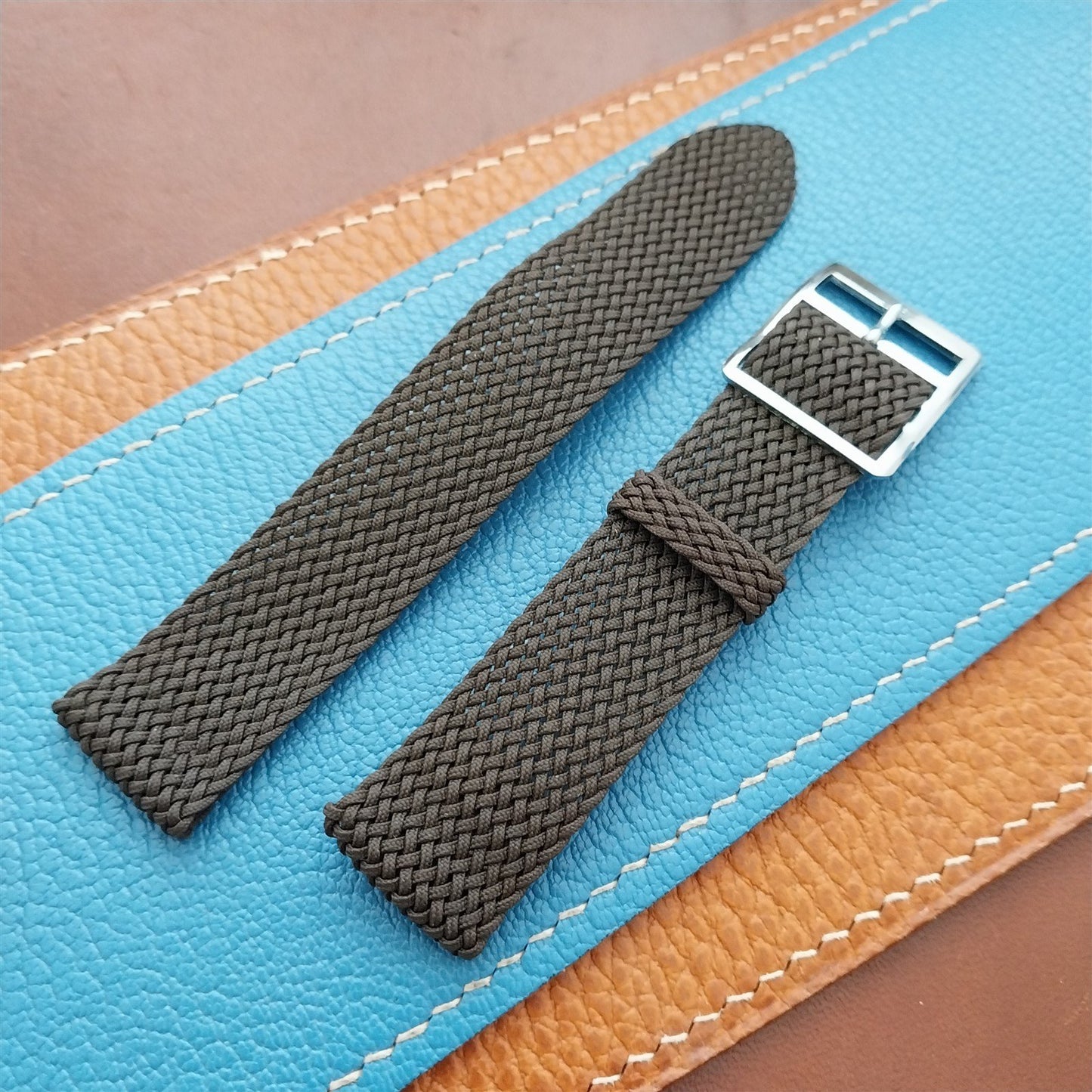 18mm Brown Perlon Mesh 2-piece Unused 1960s 1970s Vintage Field Watch Strap