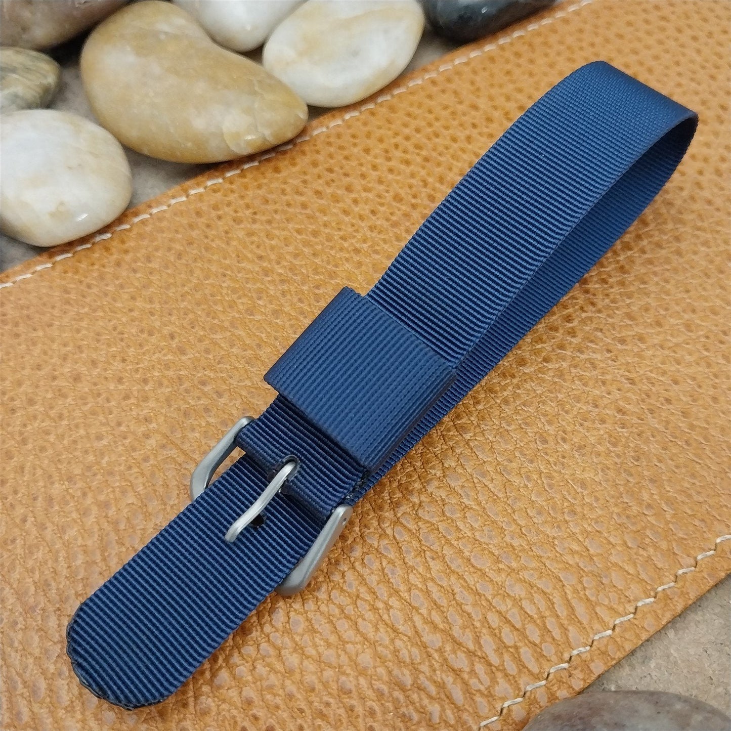 18mm Blue Nylon Single Pass Unused Vintage Watch Band & Bead Blasted Buckle