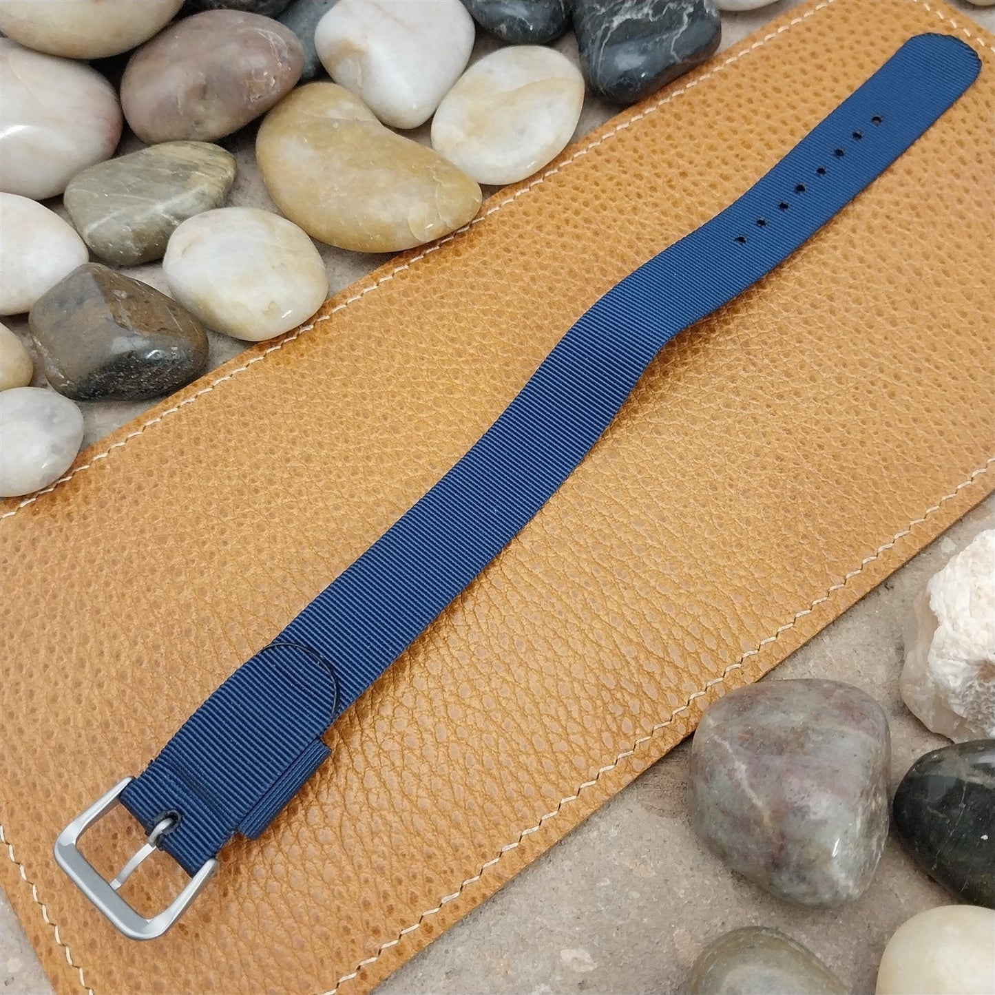 18mm Blue Nylon Single Pass Unused Vintage Watch Band & Bead Blasted Buckle