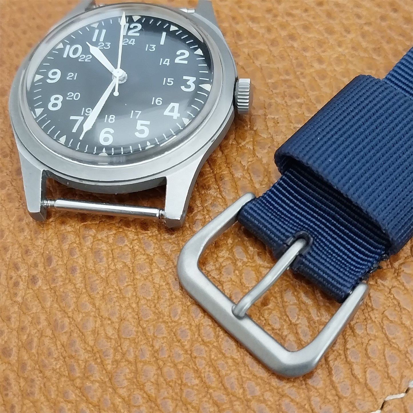 18mm Blue Nylon Single Pass Unused Vintage Watch Band & Bead Blasted Buckle