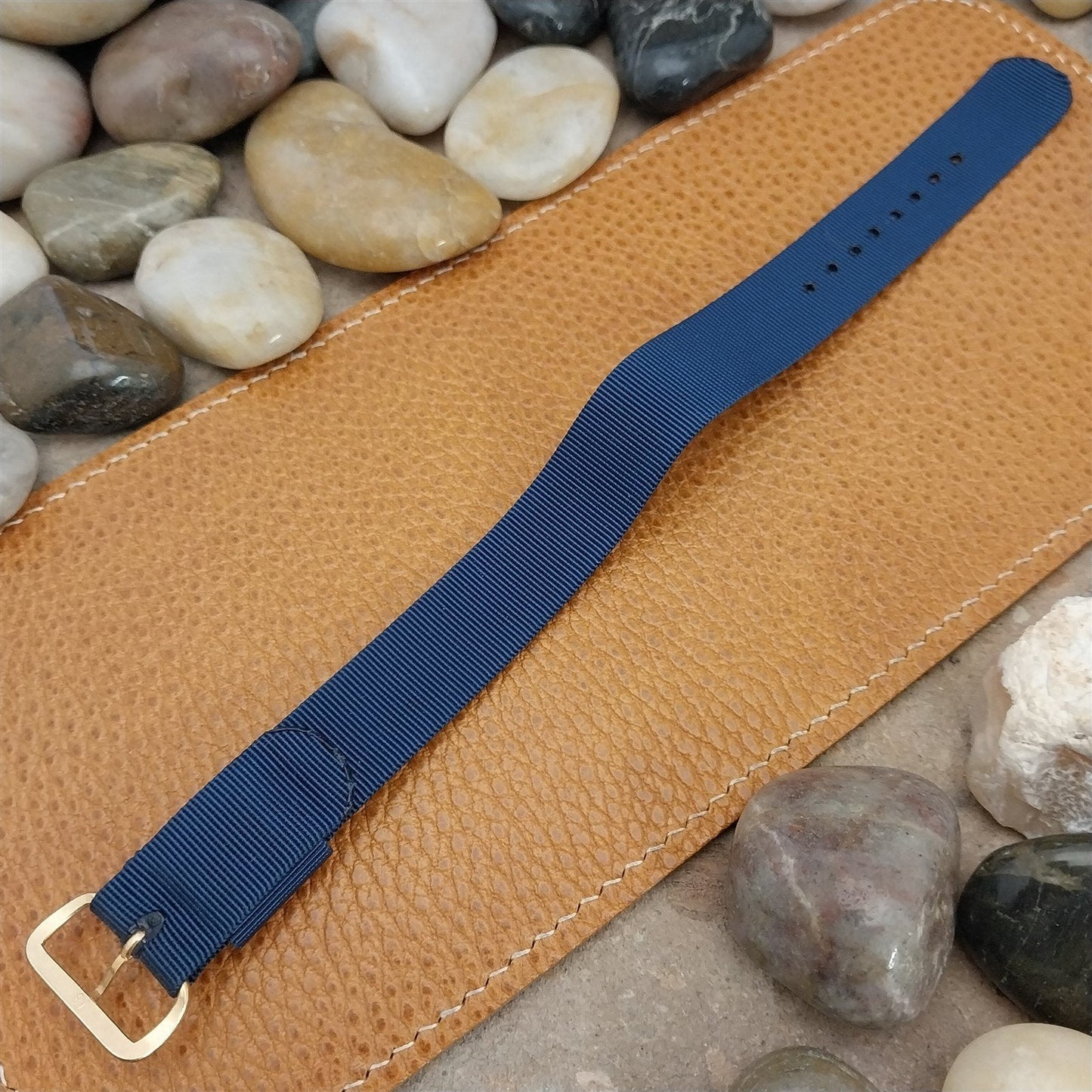 18mm Blue Nylon Single Pass 60s Unused Vintage Watch Band & Gold-Tone Buckle