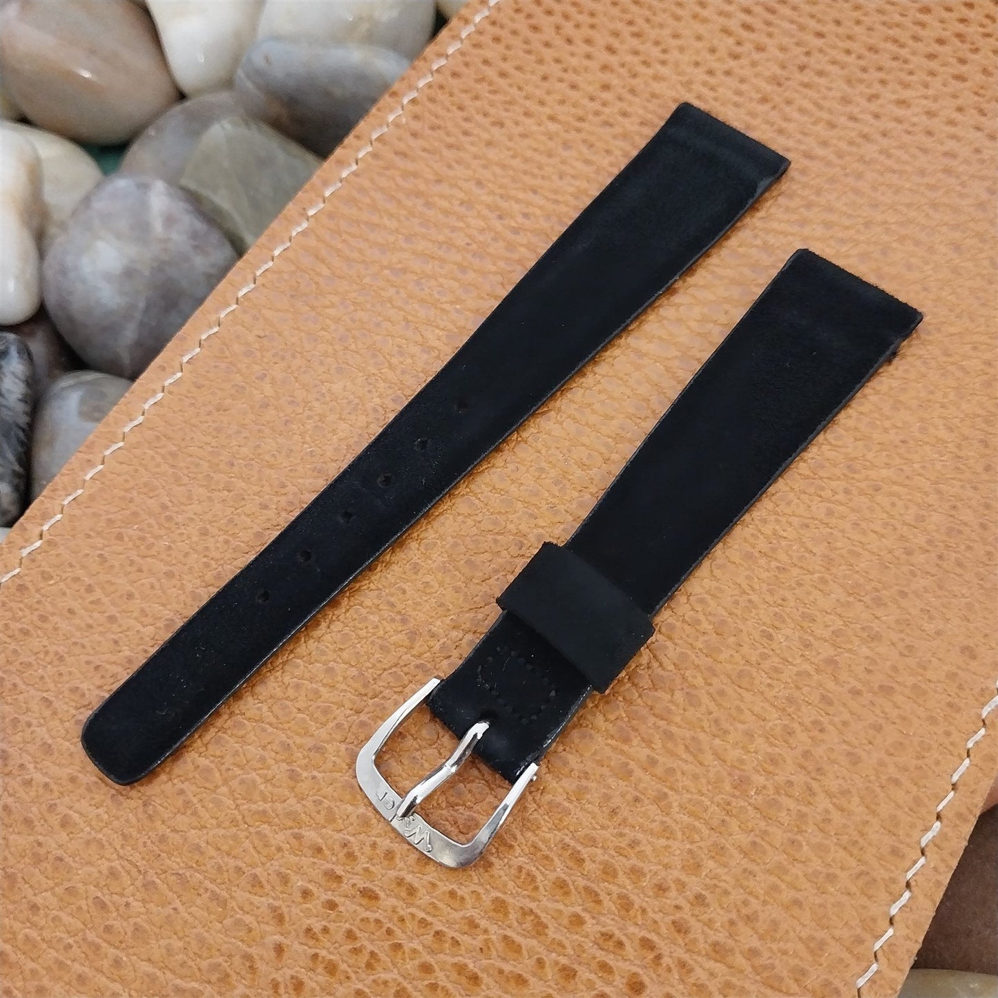 17.2mm Wyler Black Suede nos 1960s Vintage Watch Band & Signed logo Buckle