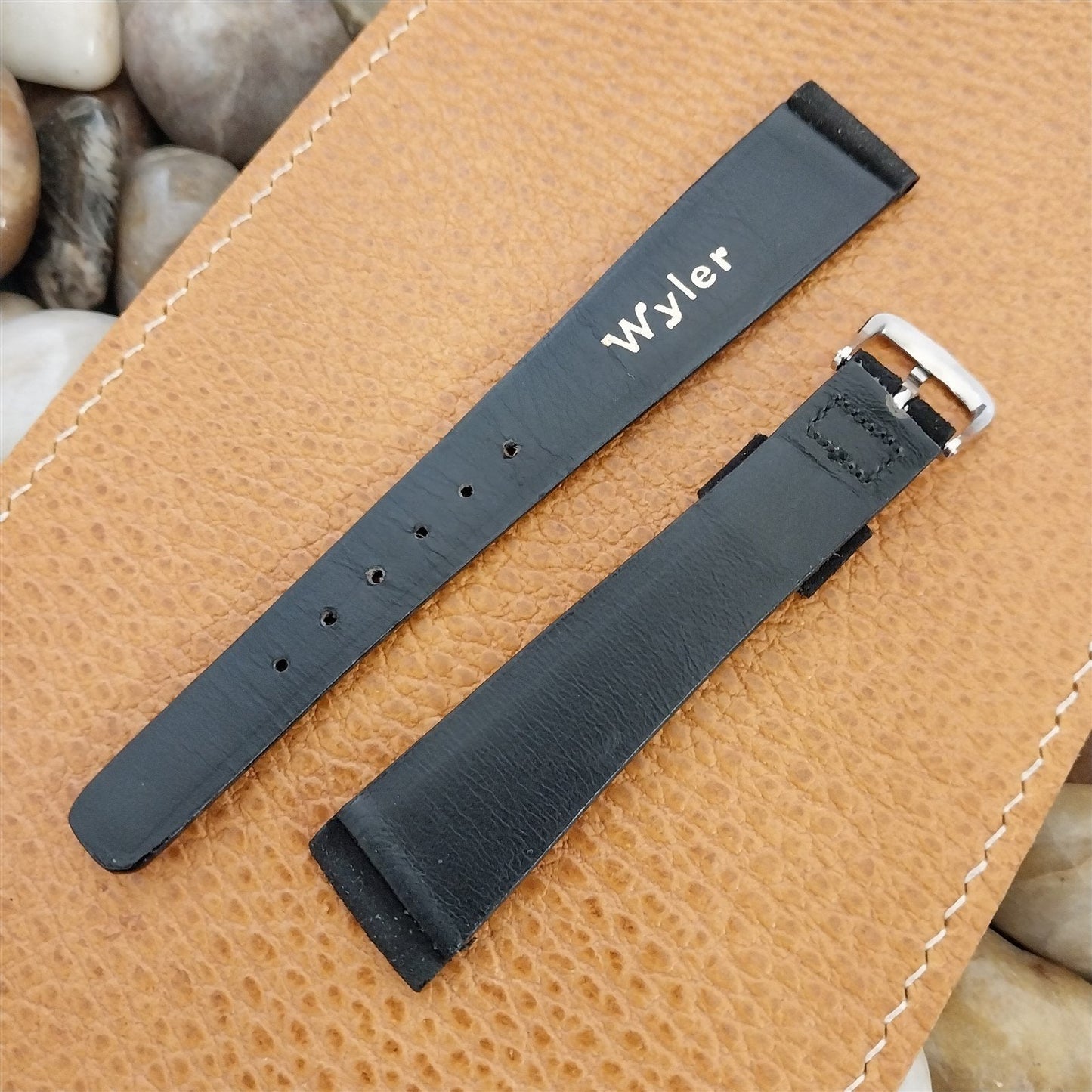 17.2mm Wyler Black Suede nos 1960s Vintage Watch Band & Signed logo Buckle