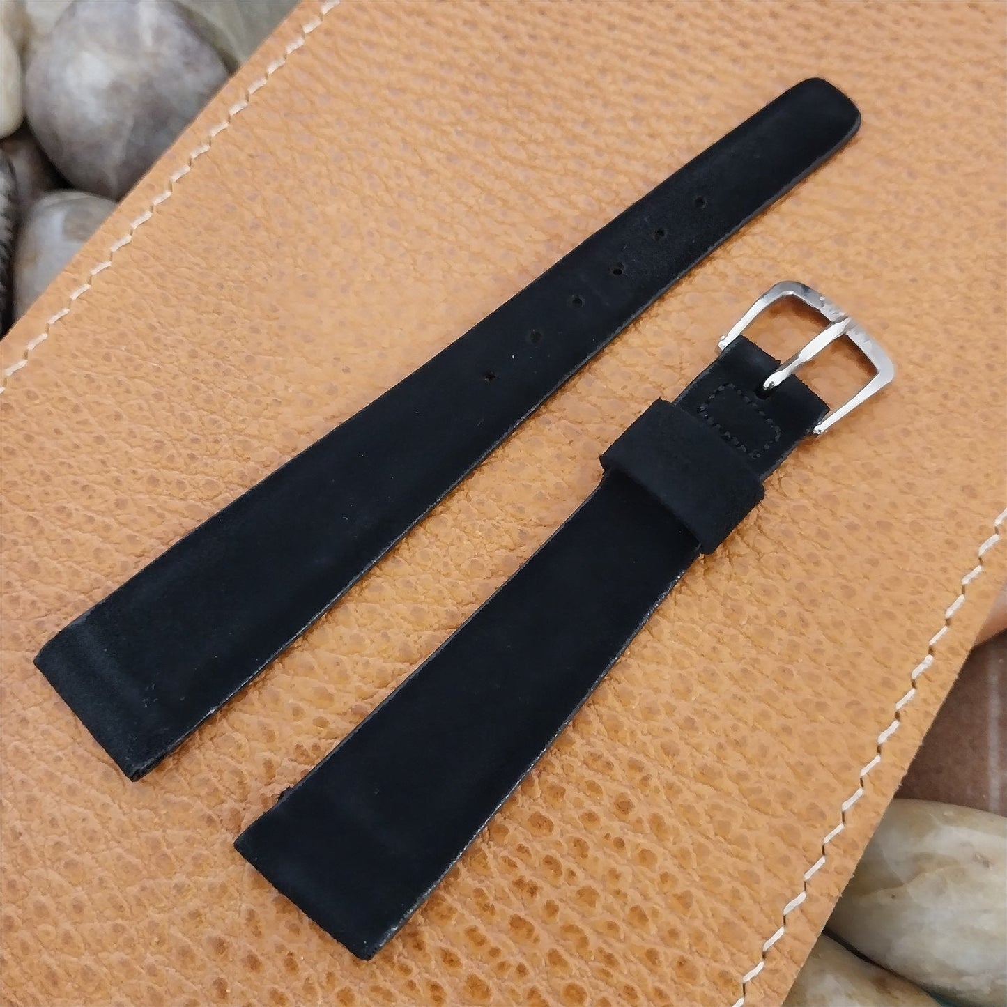 17.2mm Wyler Black Suede nos 1960s Vintage Watch Band & Signed logo Buckle