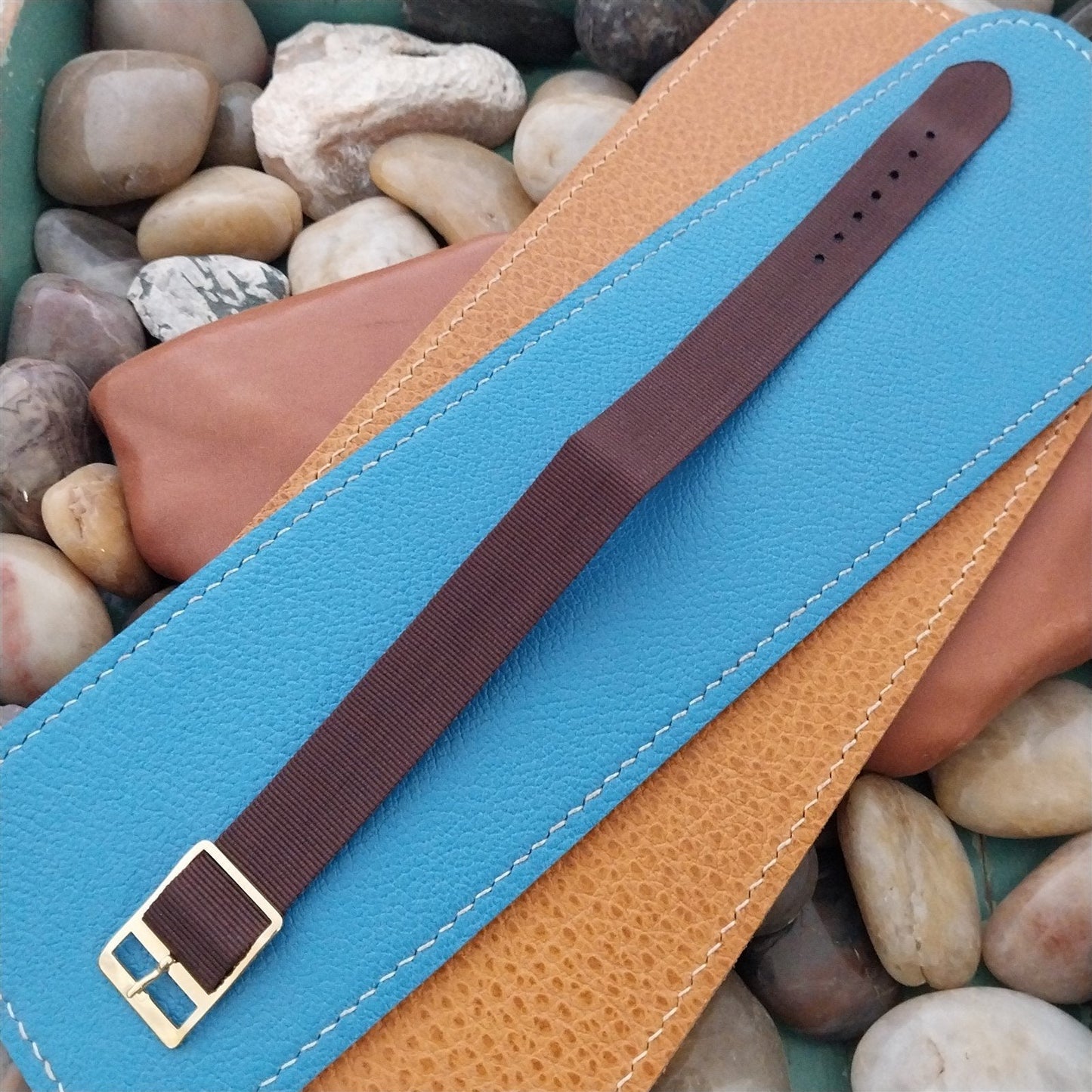 16mm Brown Nylon Military 1-Piece nos Vintage Watch Band & Gold-Tone Buckle